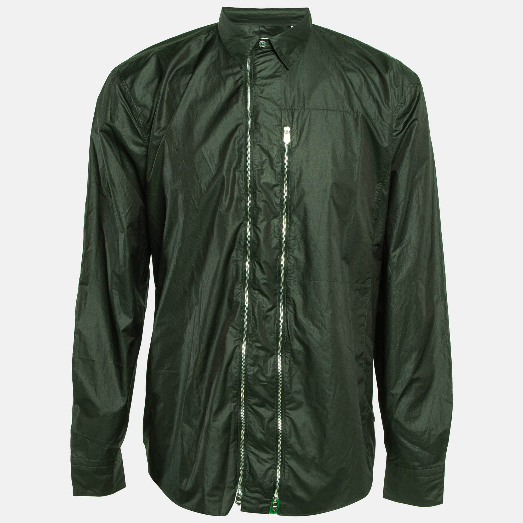 

Hermes Green Technical Poplin Zip Front Shirt XL