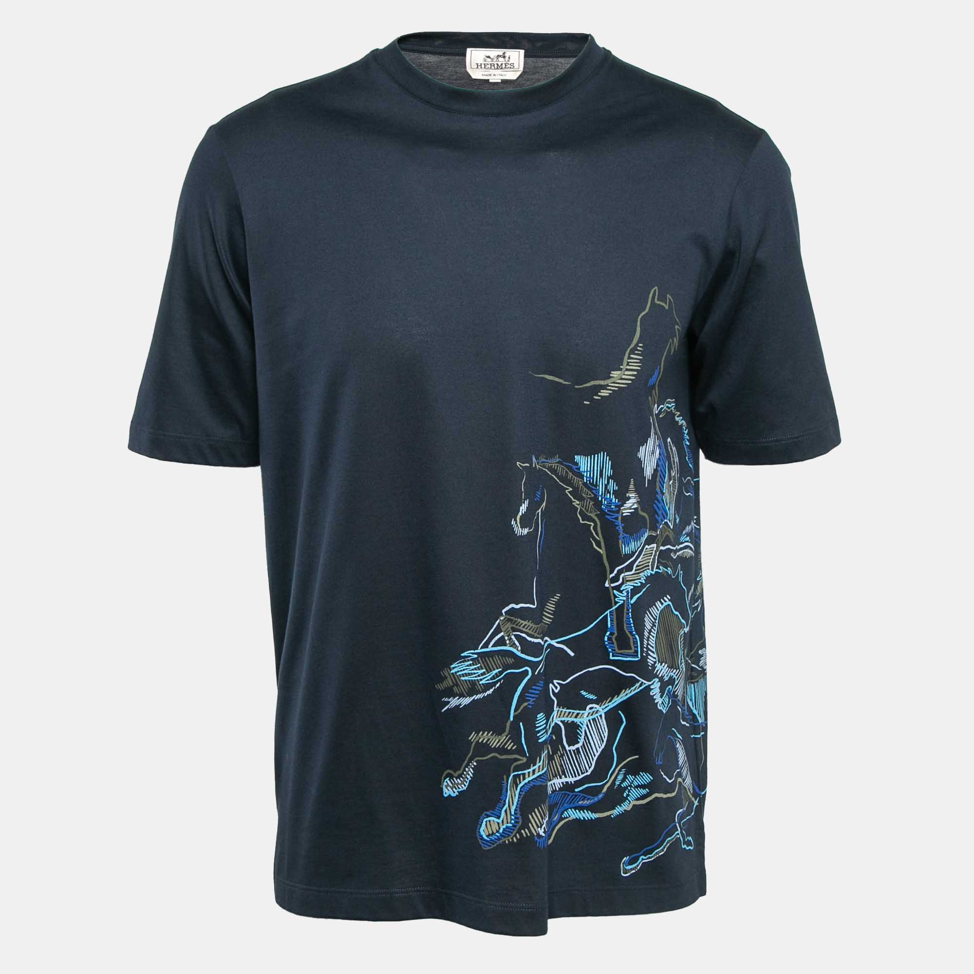 

Hermes Navy Blue Printed Cotton Jersey T-Shirt S