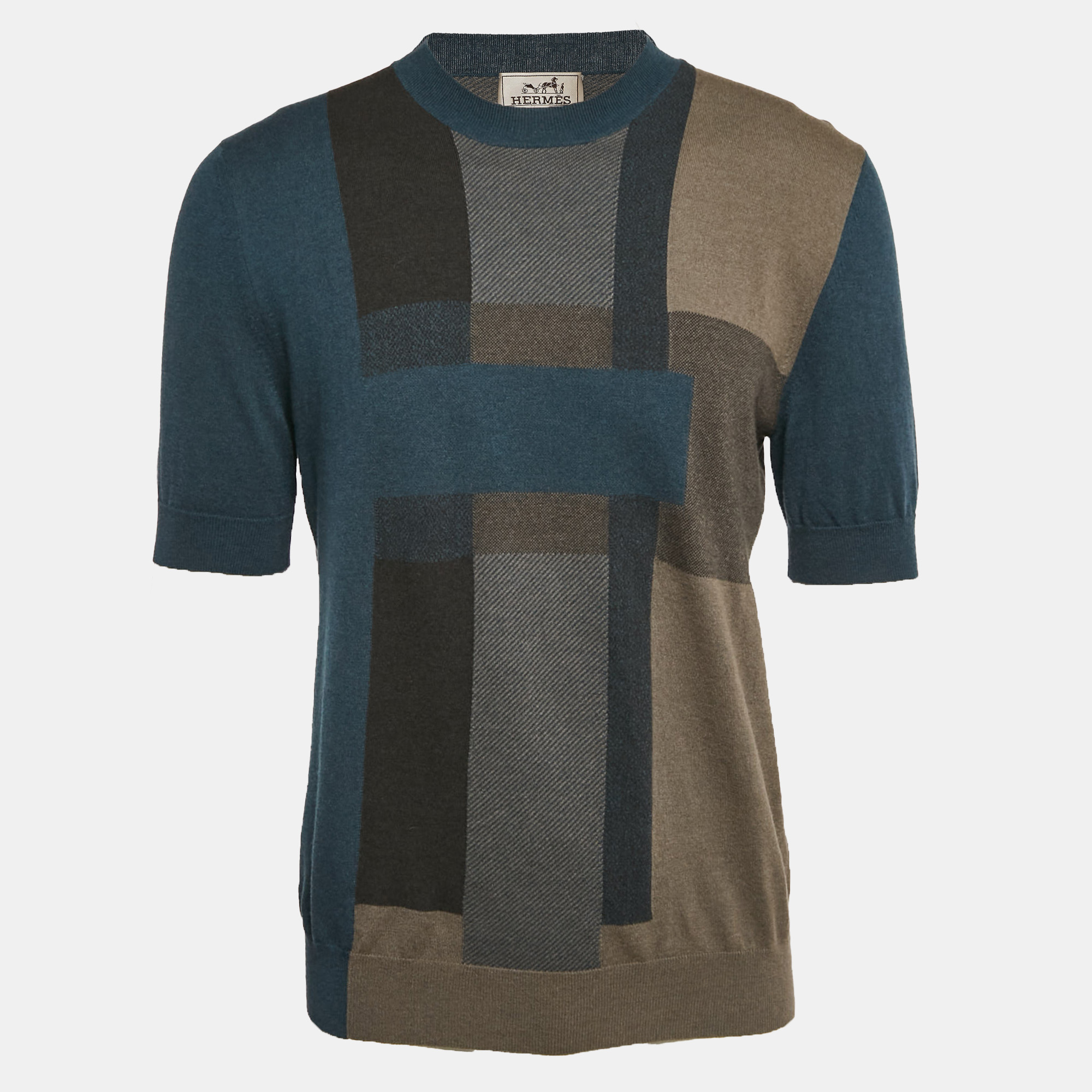 

Hermes Blue Checks Cashmere Knit Crew Neck T-Shirt L