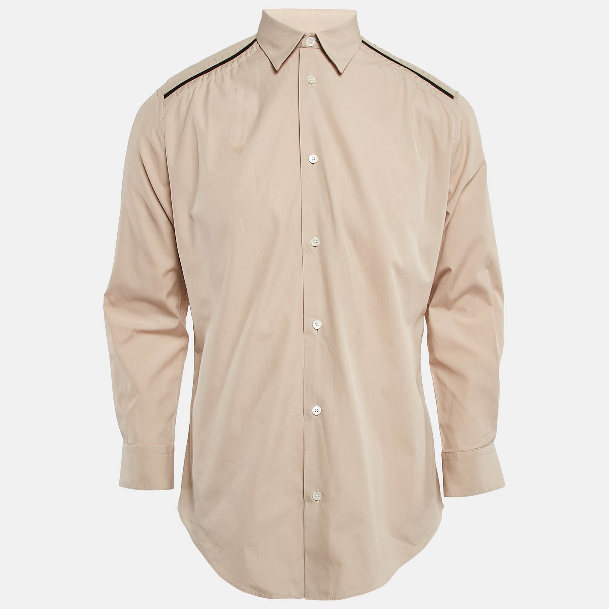 

Hermes Beige Cotton Button Front Leather Trimmed Shirt M