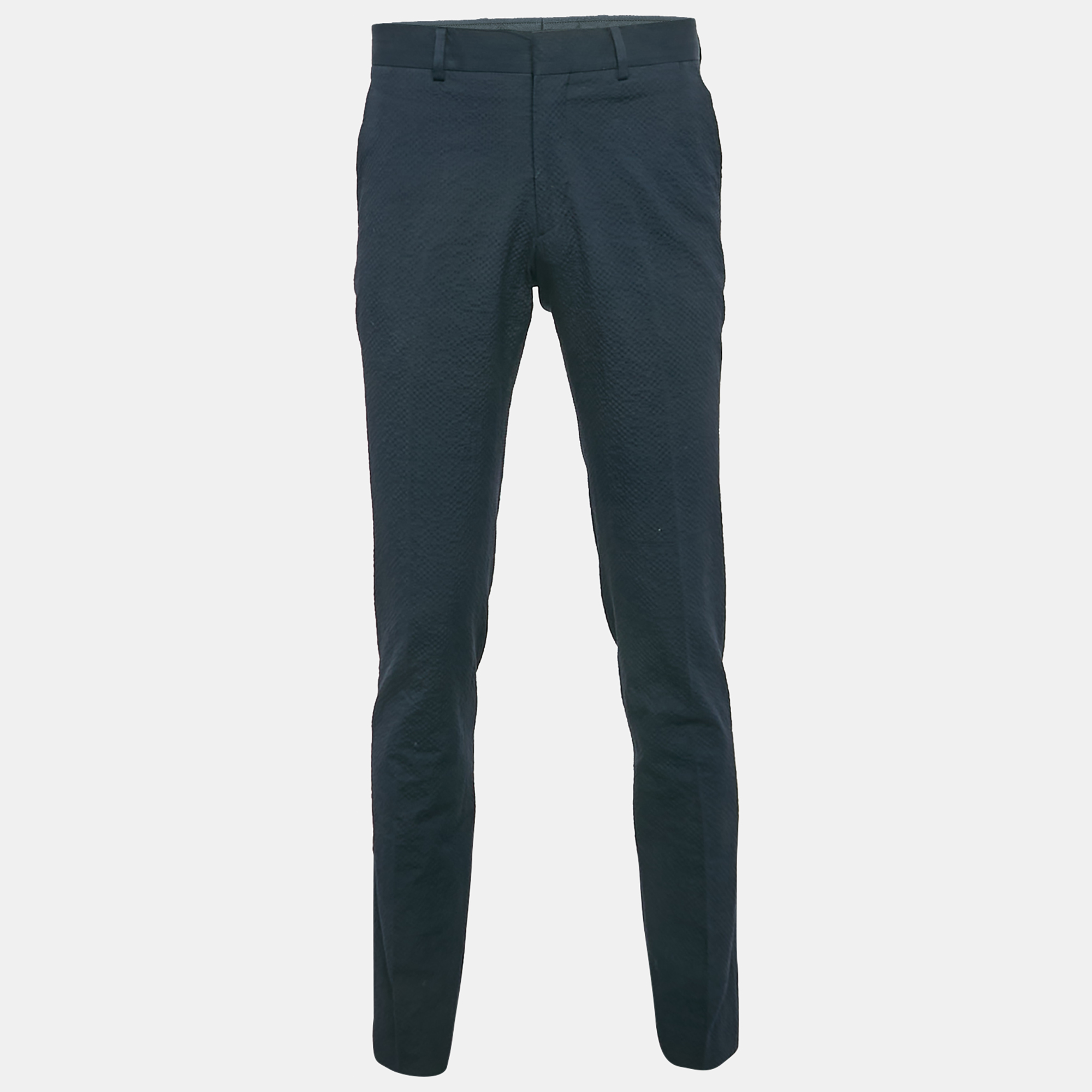 

Hermès Navy Blue Textured Cotton Forma Trousers L