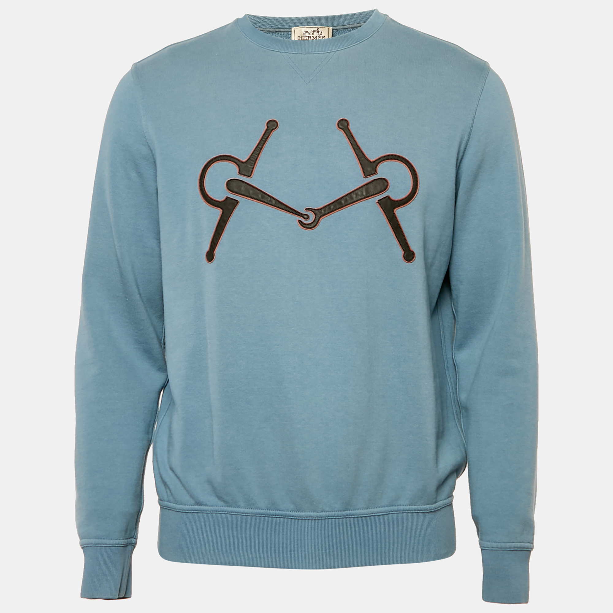 

Hermes Blue Leather Trim Cotton Knit Crew Neck Sweatshirt M