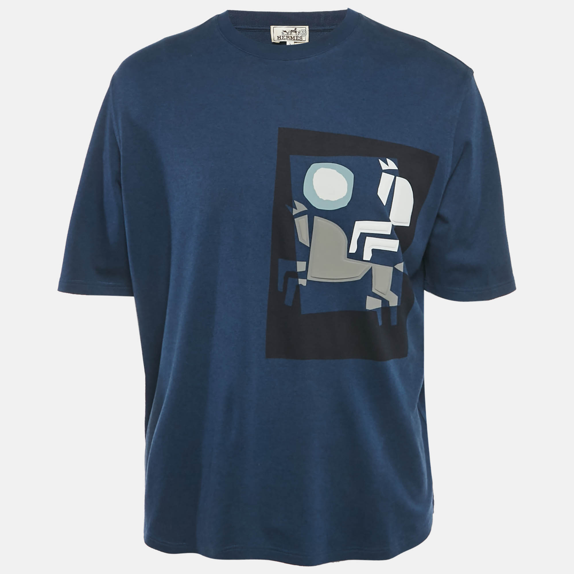 Hermes Teal Blue Printed Crew Neck T-Shirt L