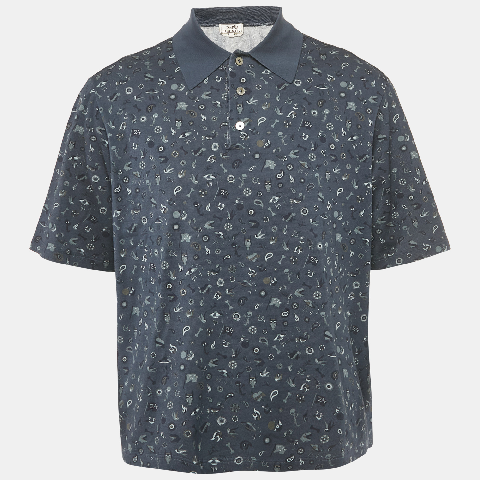 

Hermes Blue Printed Cotton Pique Polo T-Shirt L