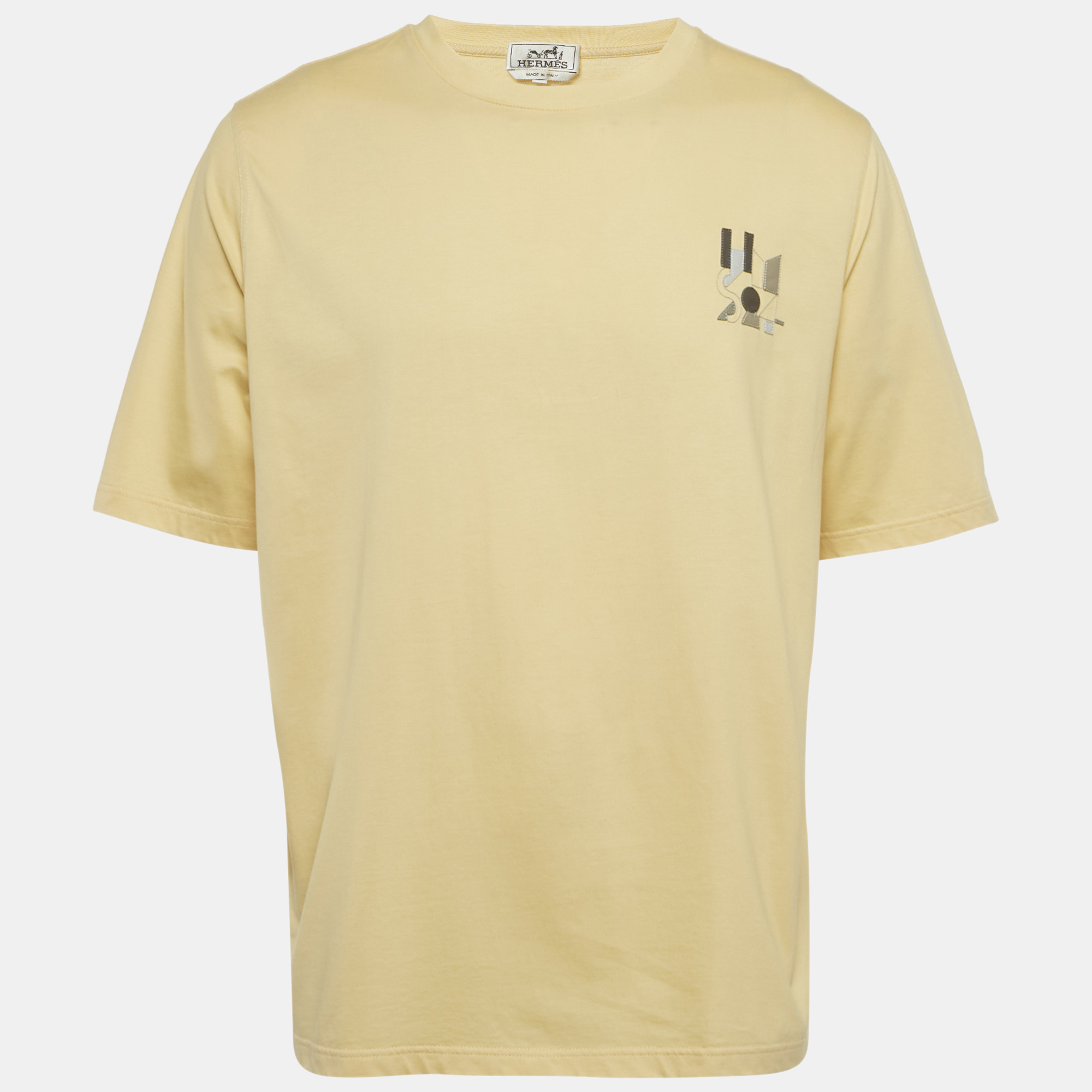 Herm&egrave;s Yellow Leather Applique Jersey Crewneck T-Shirt XL