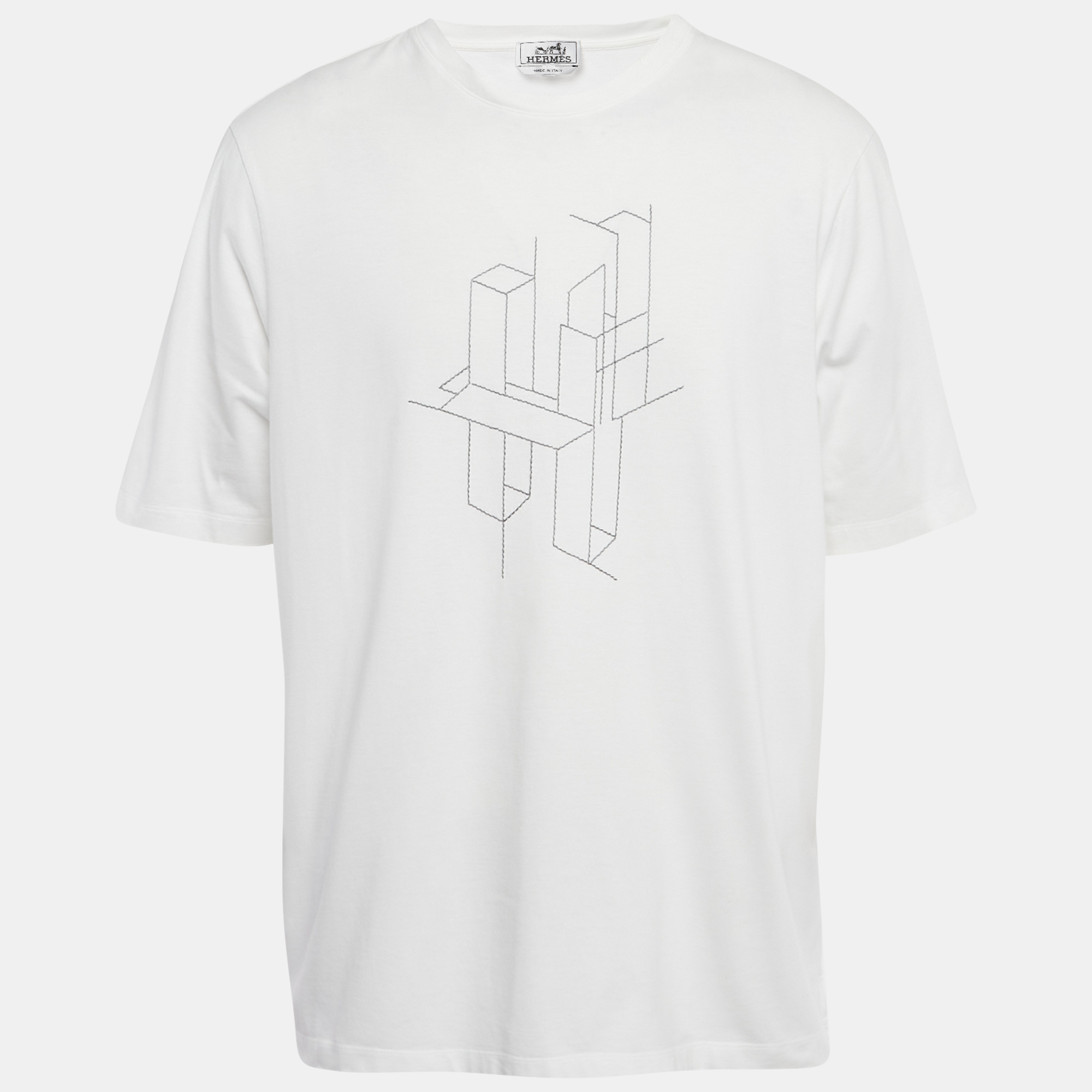 

Hermes White H Embroidered Cotton "H 3D" Crewneck T-Shirt XXL
