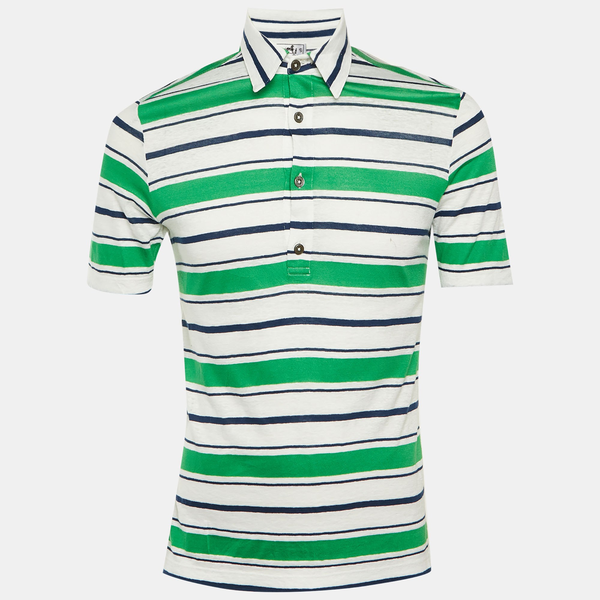 

Hermes Green Striped Linen & Cotton Polo T-Shirt XS