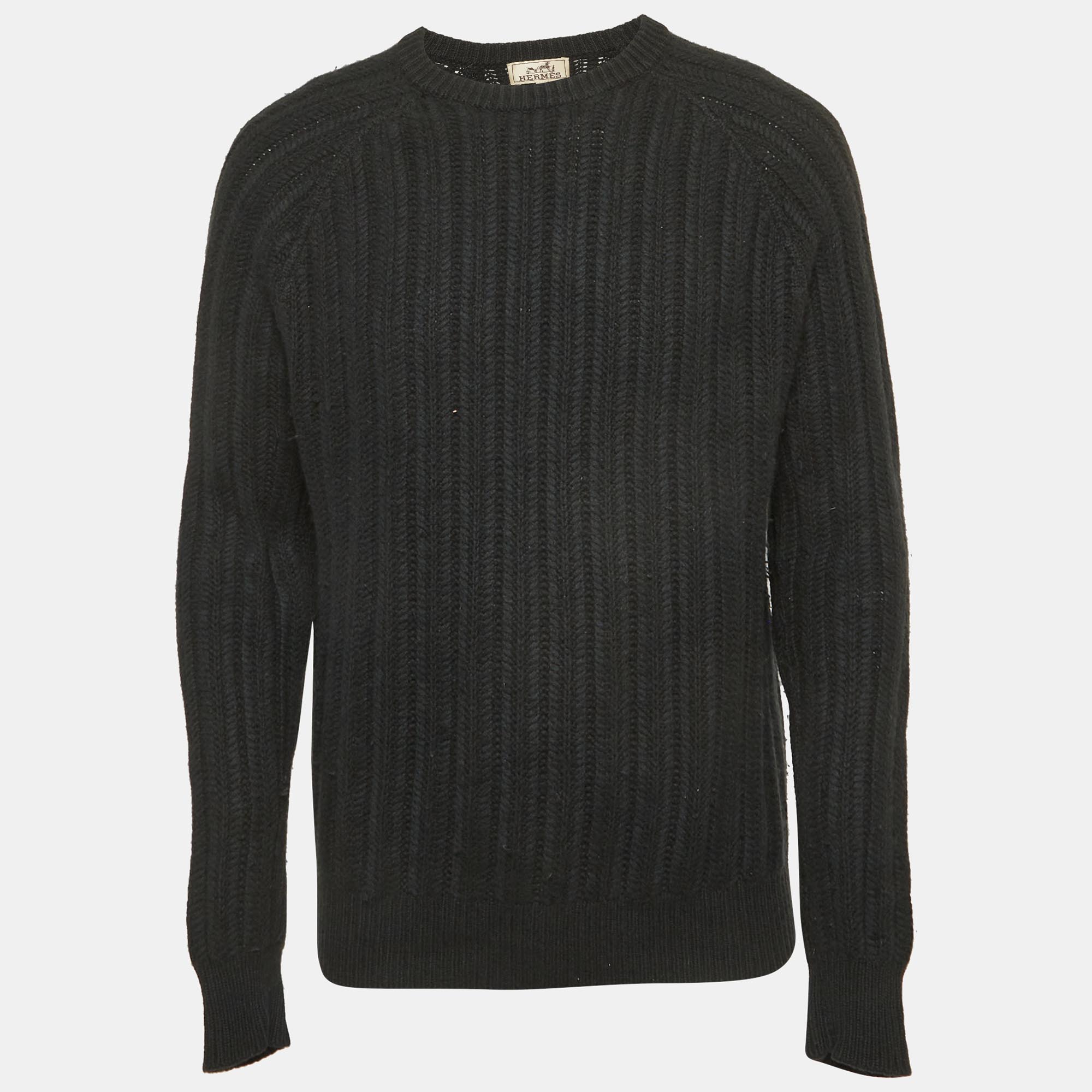 

Hermes Black Cashmere Rib Knit Crewneck Sweater L