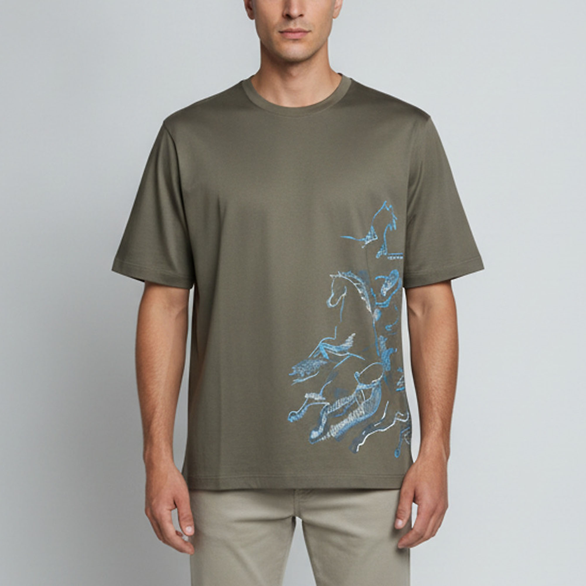 Herm&egrave;s Khaki Green Cavalcade Print Cotton Crew Neck T-Shirt XXL