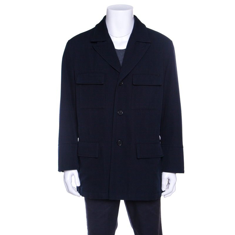 Hermes Commande Particuliere Navy Blue Wool Gabardine Button Front Coat XL      