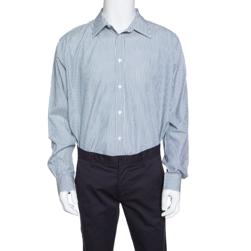 Pre Owned Hermès Grey and White Striped Cotton H Embroidered Long Sleeve Shirt 2XL