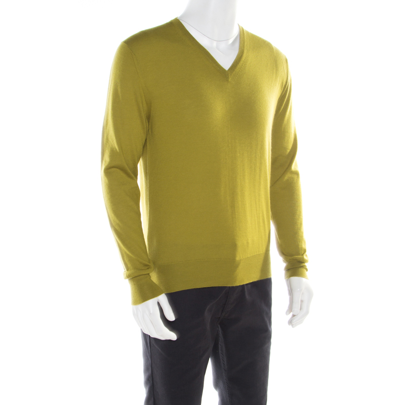 Hermes Lime Green Cashmere Silk Long Sleeve V Neck Sweater L Hermes | TLC