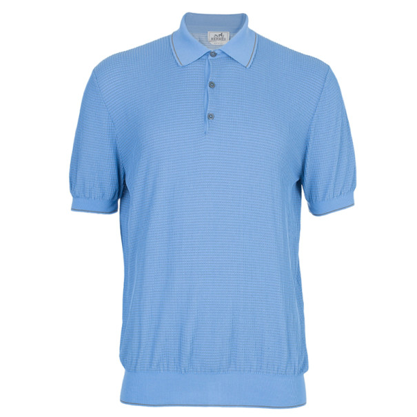 Hermes Blue Textured Mens Polo Shirt XXXL