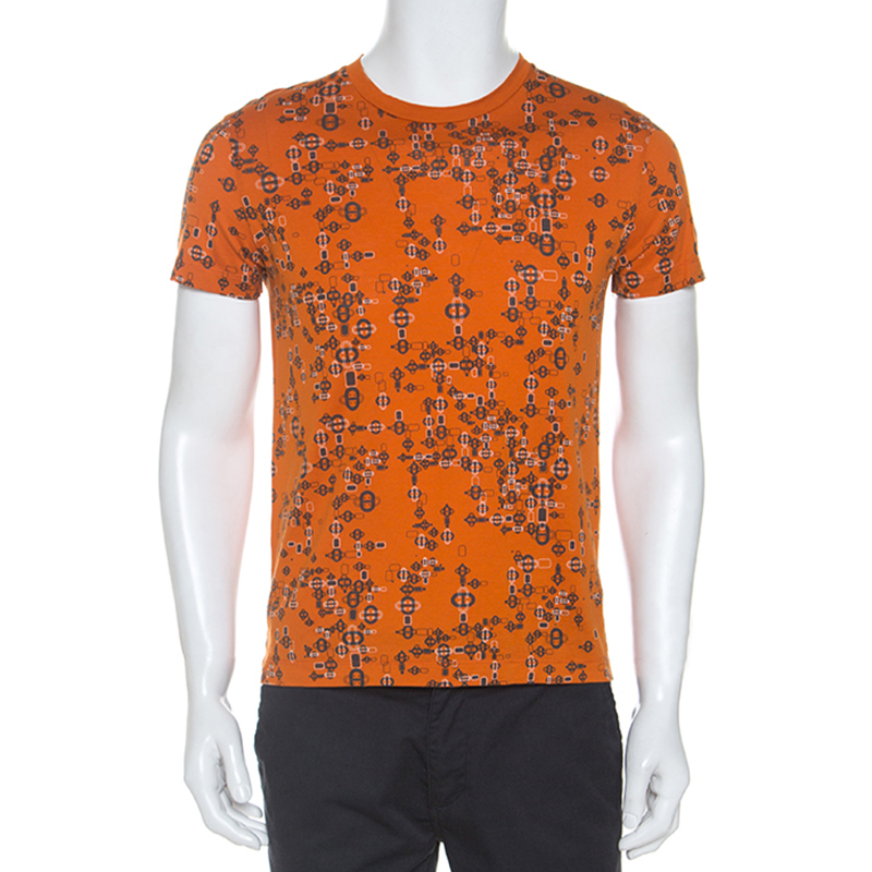 Hermes Orange Printed Cotton T-Shirt S 