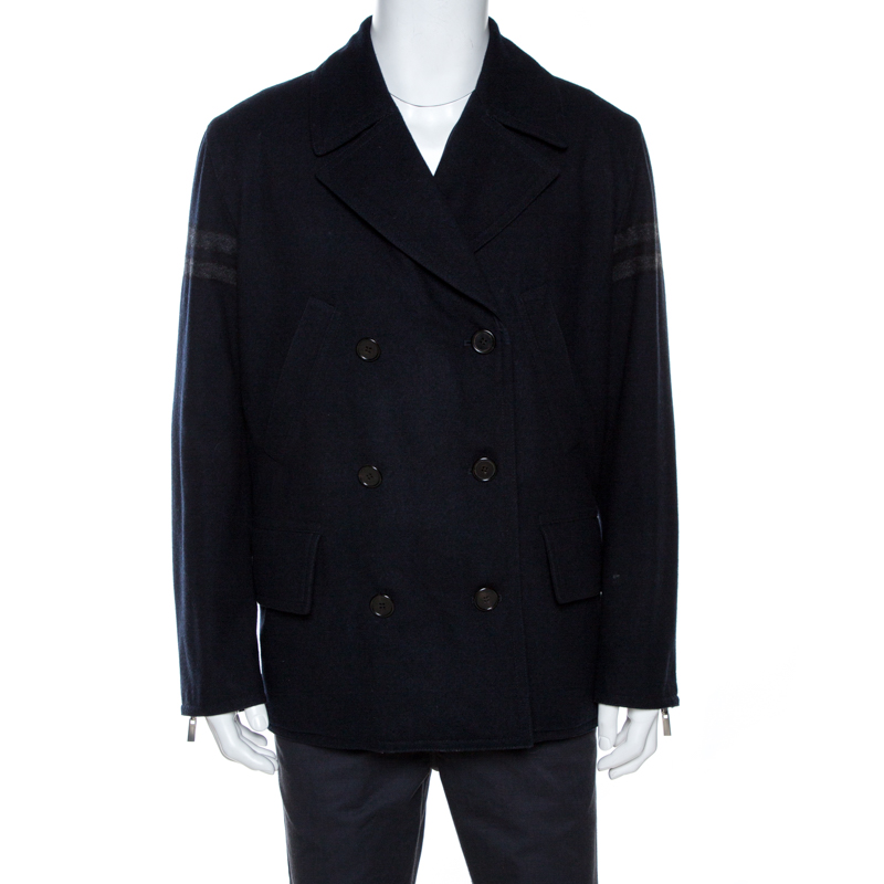 Hermes Navy Blue Wool Reversible Double Breasted Coat L