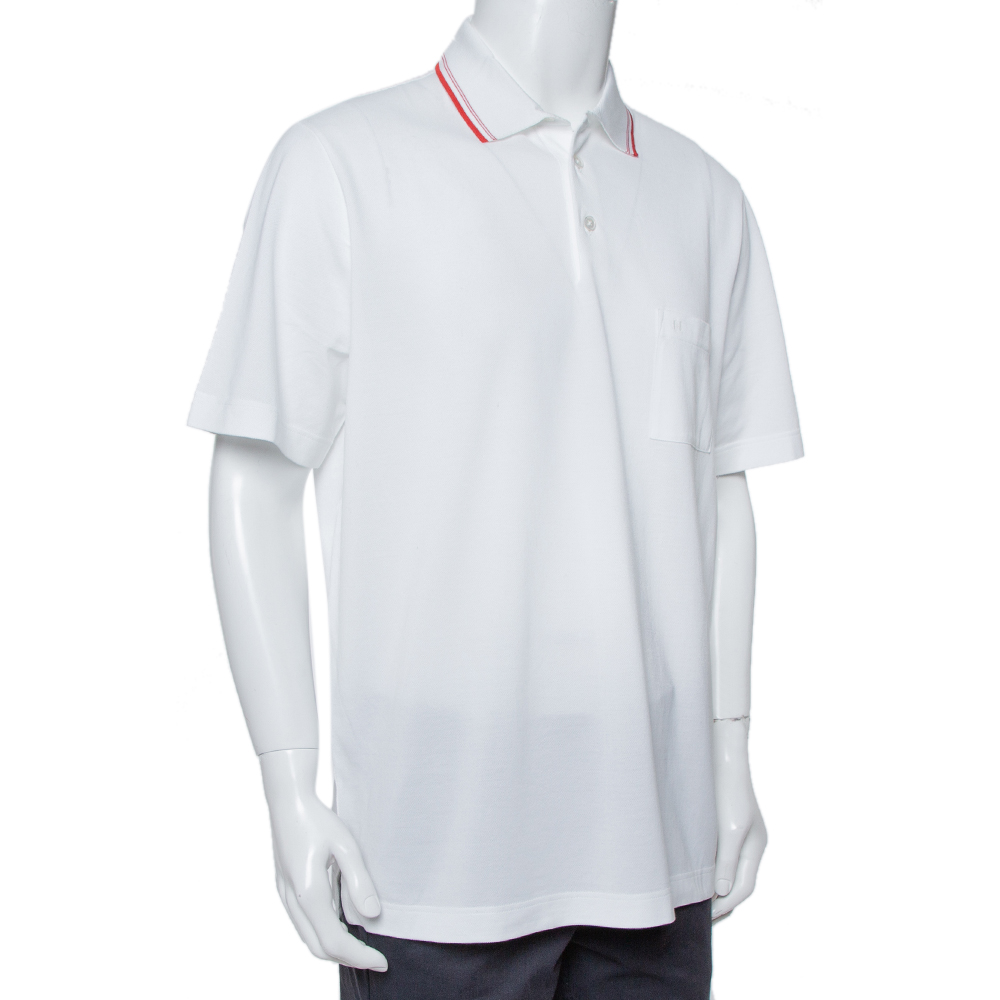 

Hermes White Cotton Pique Contrast Detail Polo T Shirt