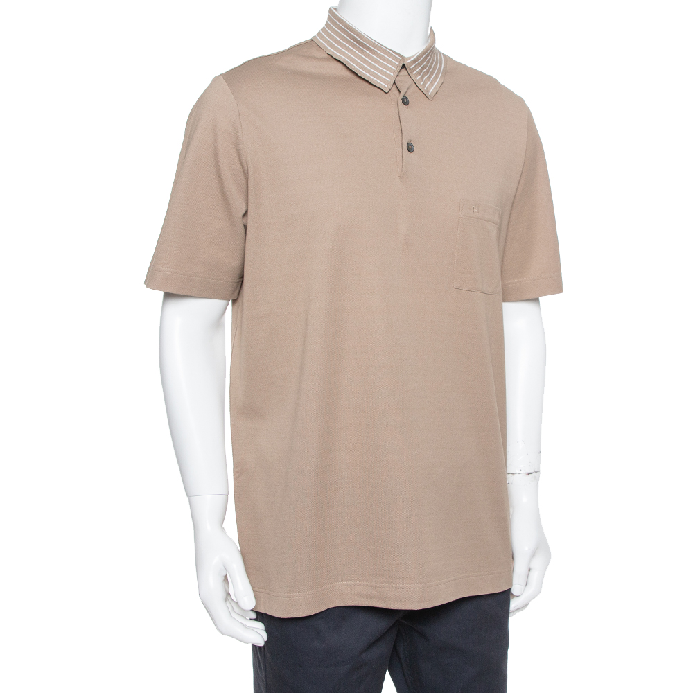 

Hermes Brown Cotton Pique Striped Collar Polo T-Shirt