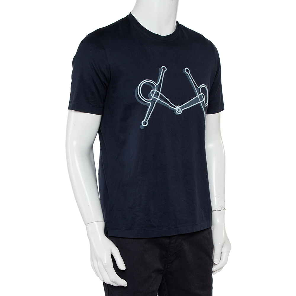 

Hermes Navy Blue Mors Embroidered Cotton Crewneck Blanc T-Shirt