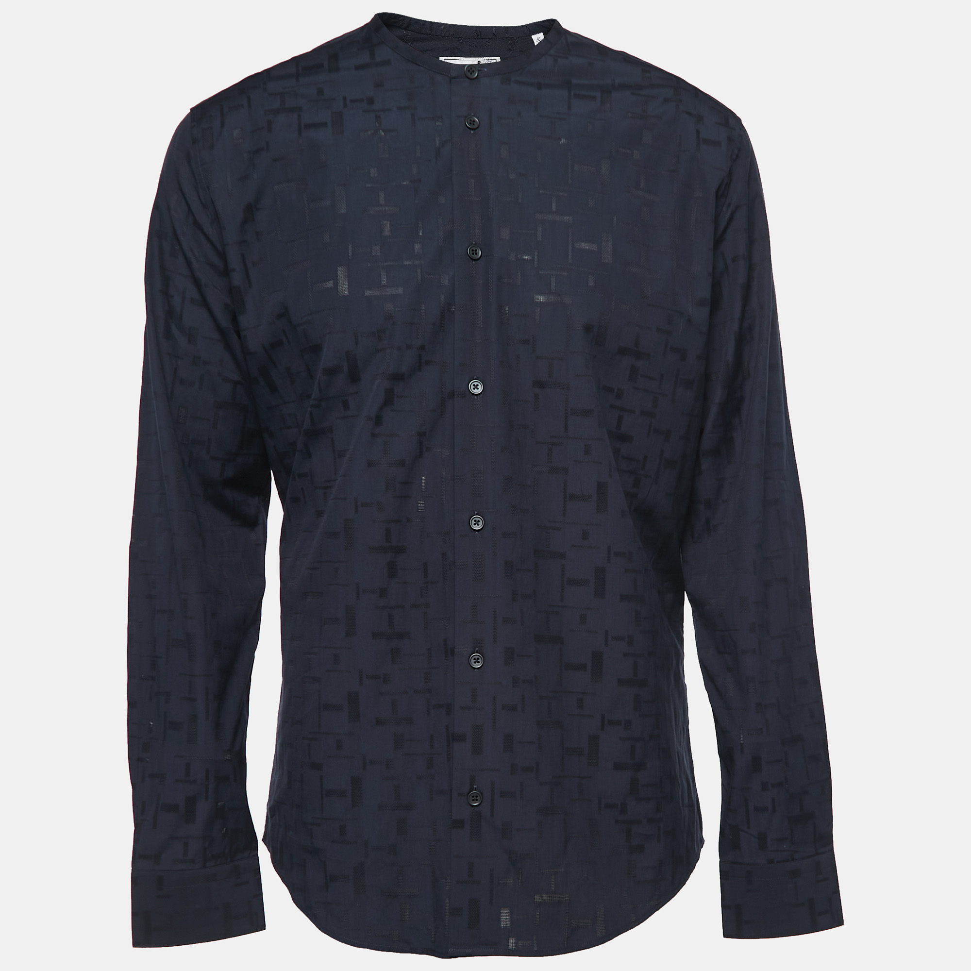 Pre Owned Hermes Navy Blue Patterned Cotton Round Neck Shirt L