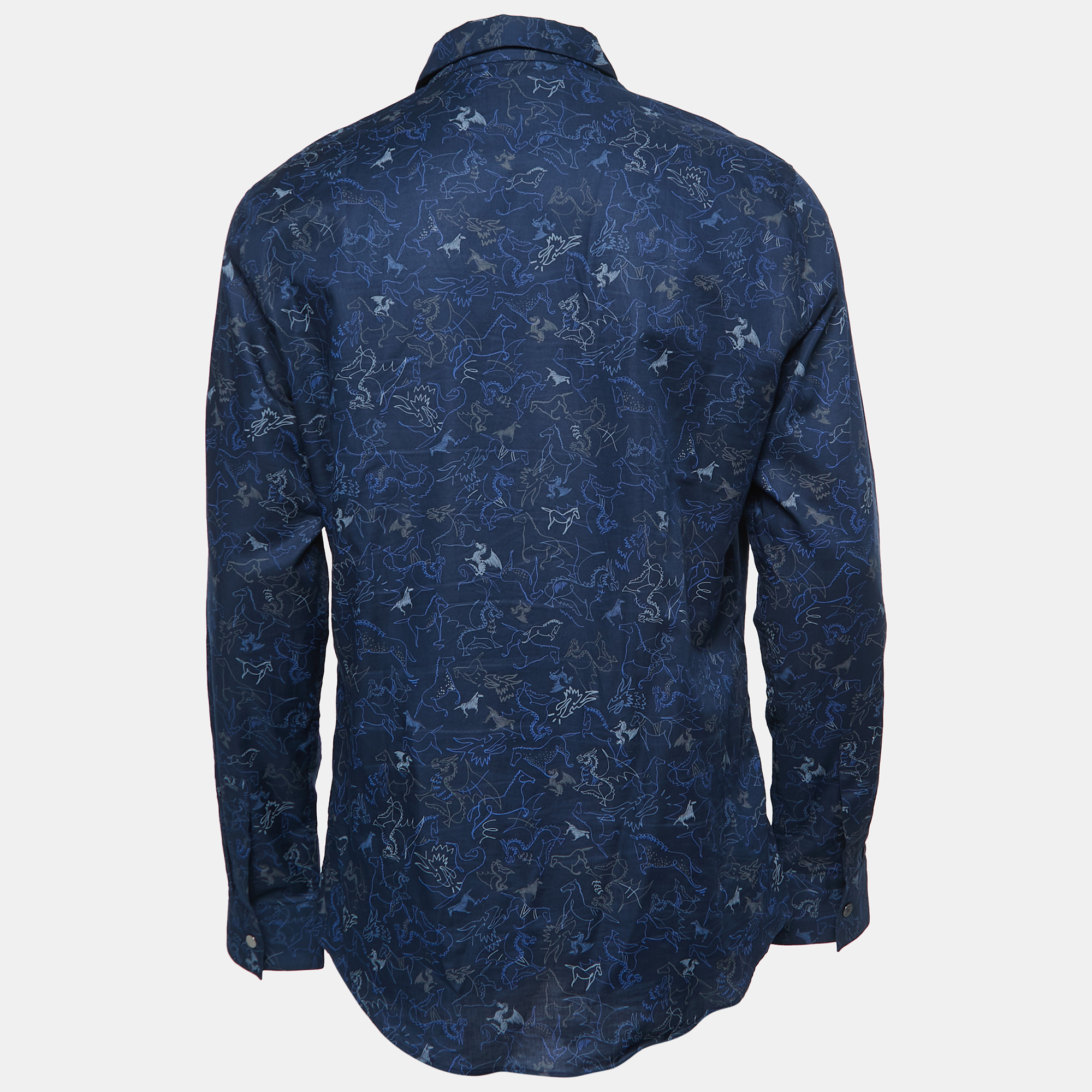 

Hermes Navy Blue Dragon Patterned Cotton Button Front Shirt