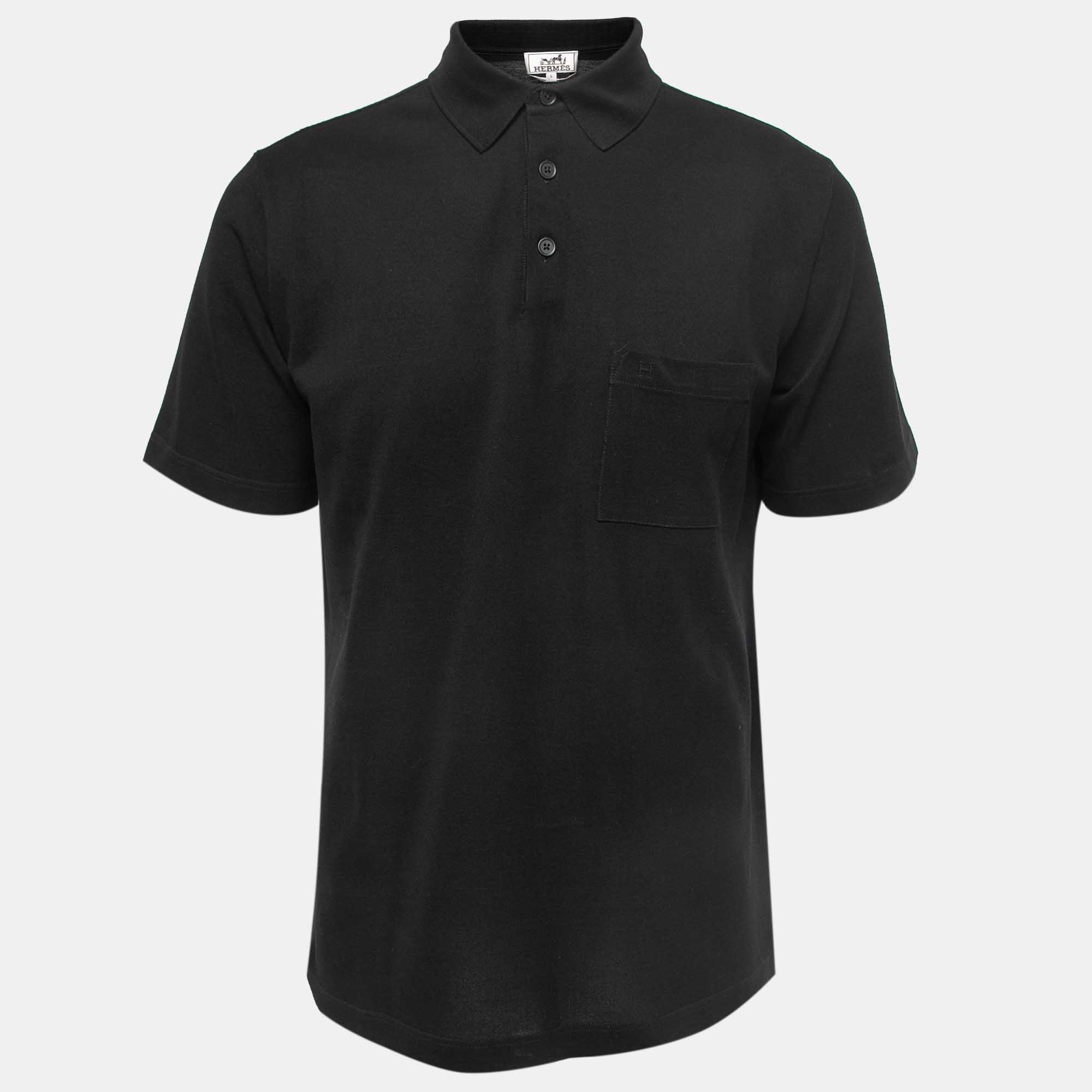 Pre-owned Hermes Black Cotton Pique Polot-shirt L