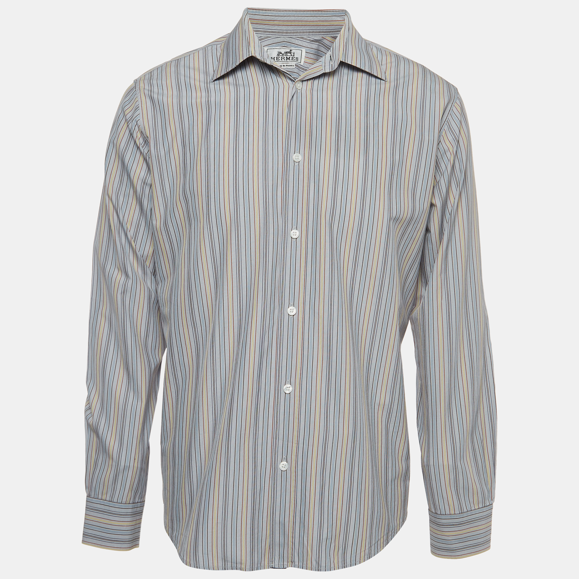 Pre-owned Hermes Blue Striped Cotton Button Front Full Sleeve Shirt L