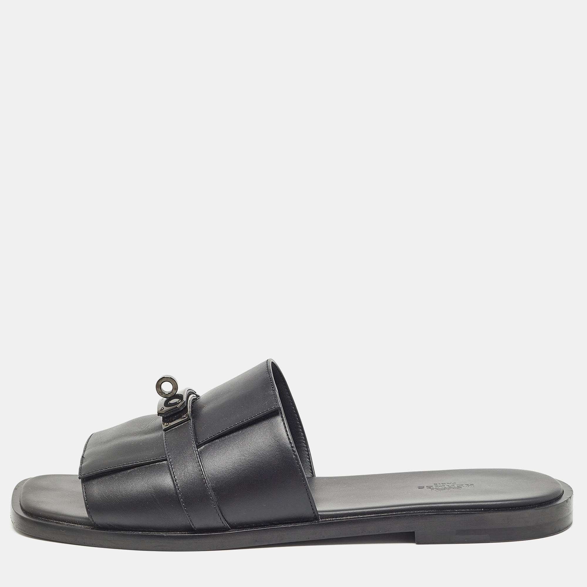 

Hermes Black Leather Gabriel Flat Slide Sandals Size