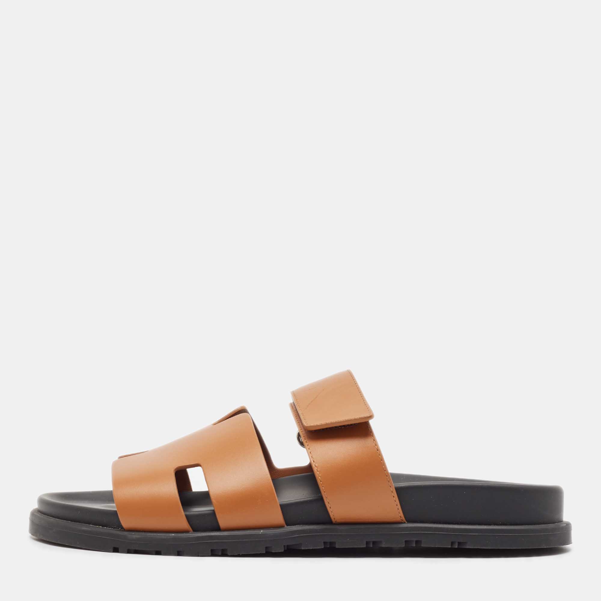 

Hermes Brown Leather Chypre Flat Slides Size