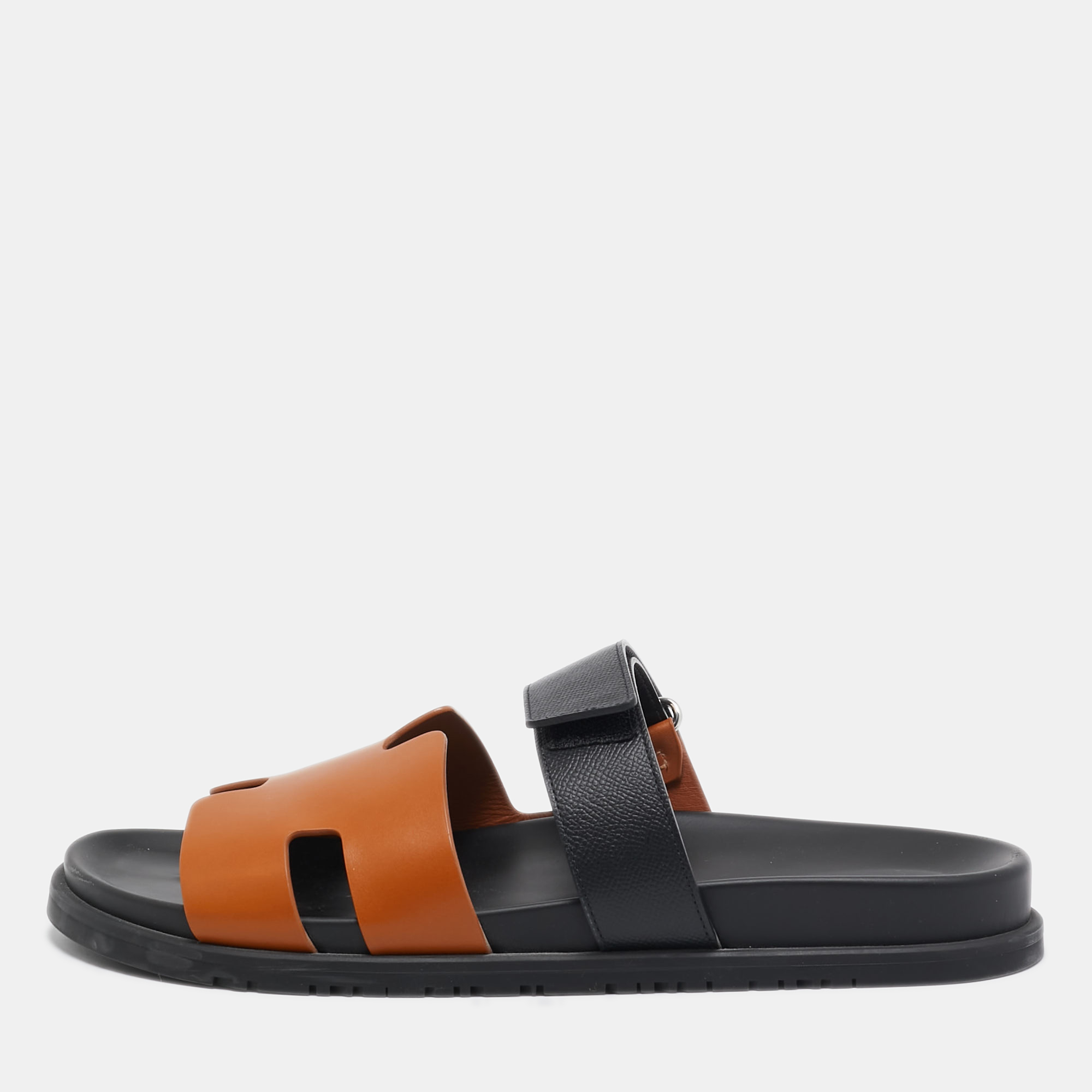 

Hermes Brown/Black Leather Chypre Sandals Size