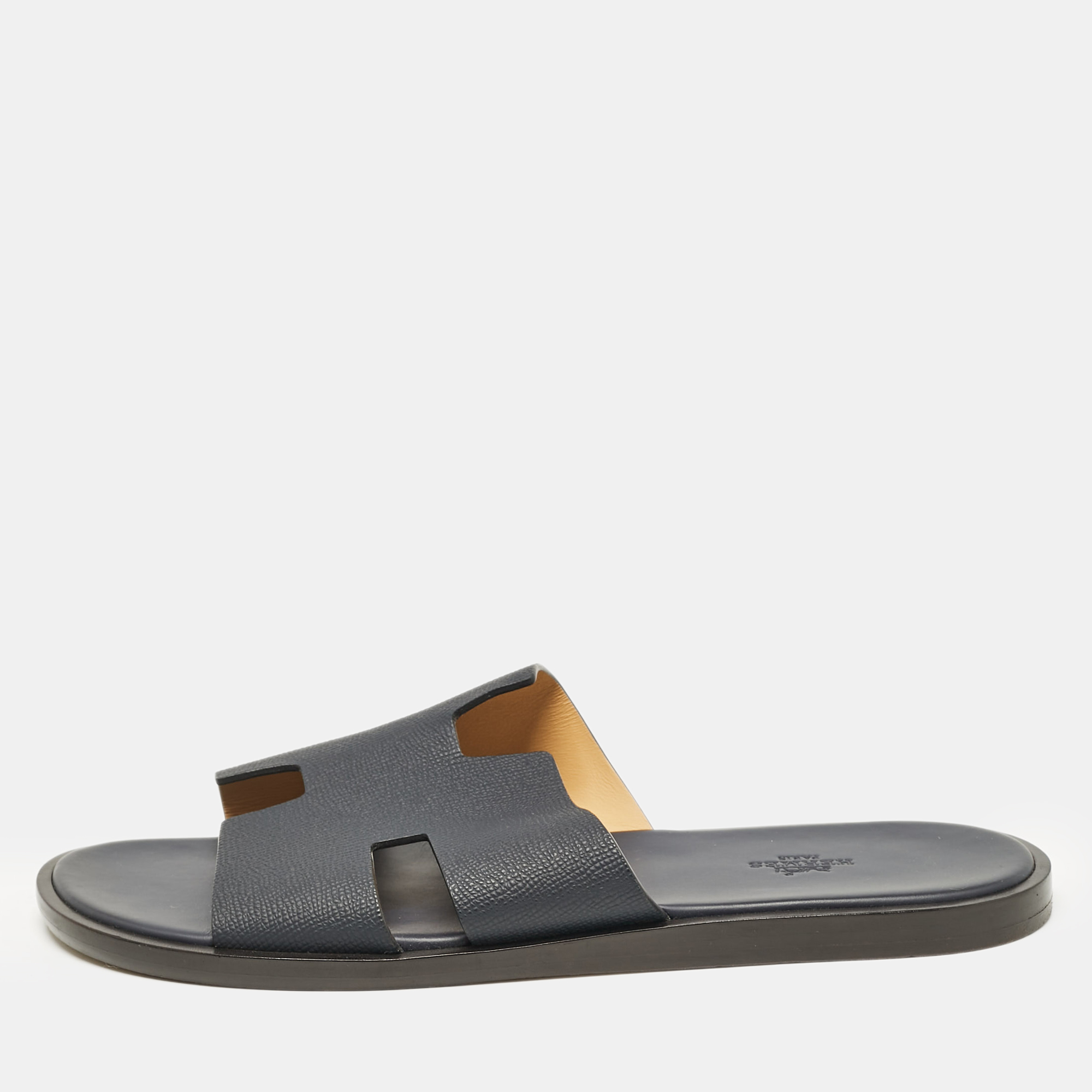 

Hermes Navy Blue Leather Izmir Flat Slides Size