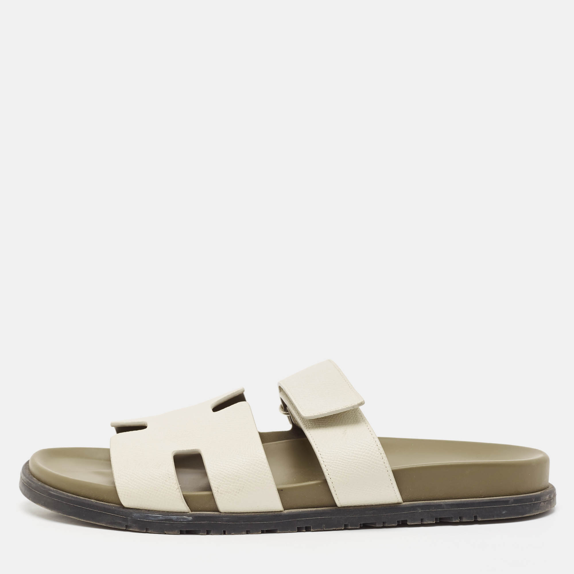 

Hermes White Leather Chypre Slide Sandals Size