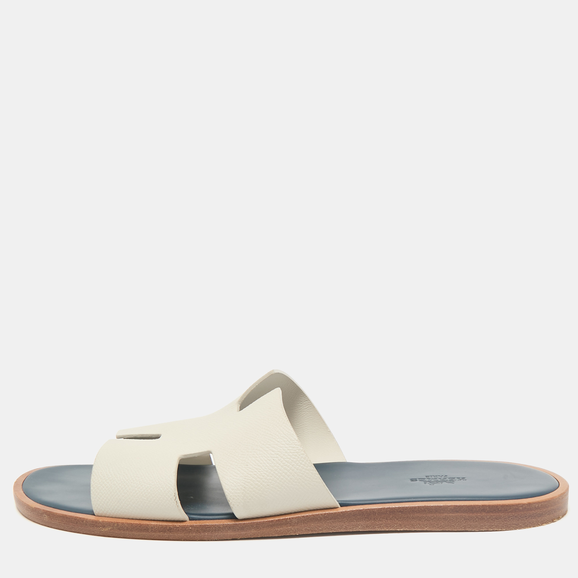 Pre-owned Hermes White/blue Leather Izmir Flat Sandals Size 46
