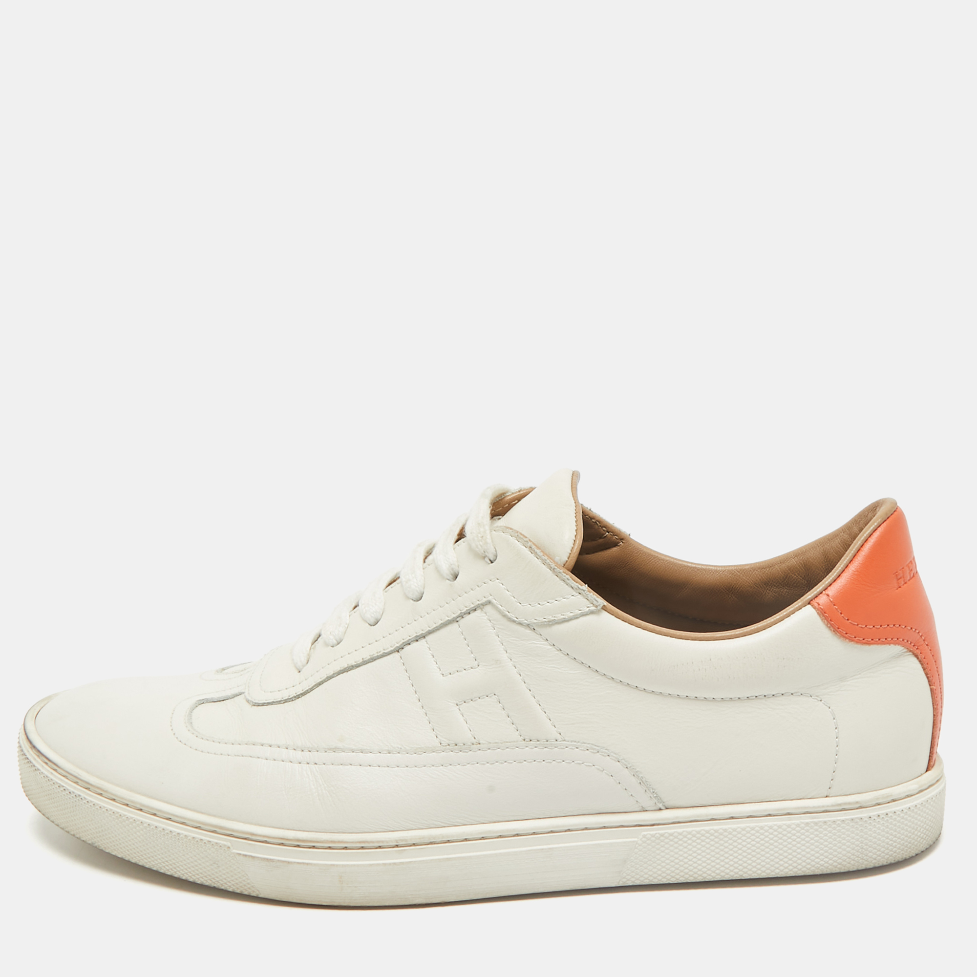 

Hermes White/Orange Leather Quicker Low-Top Sneakers Size