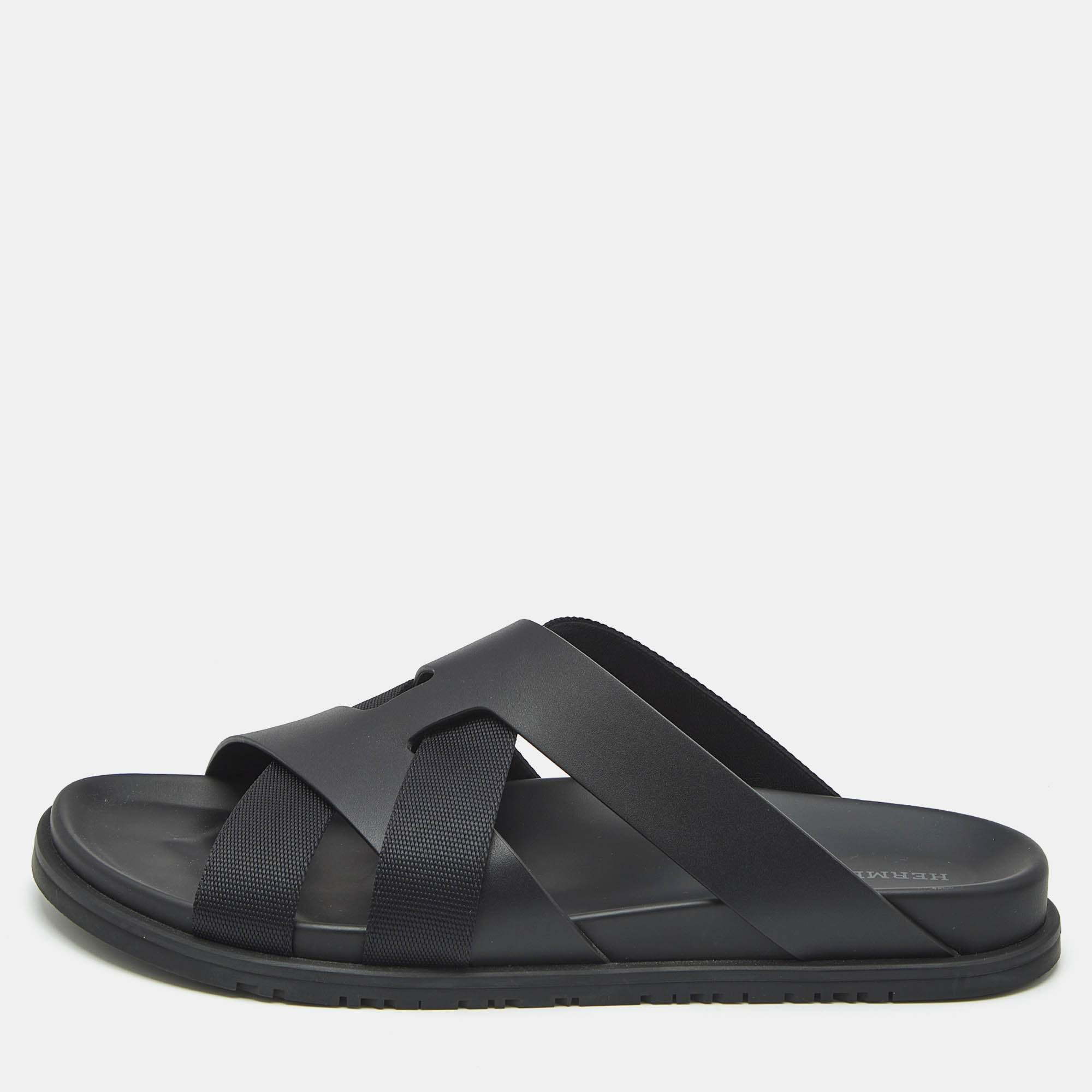 

Hermes Black Leather and Fabric Kazimir Sandals Size