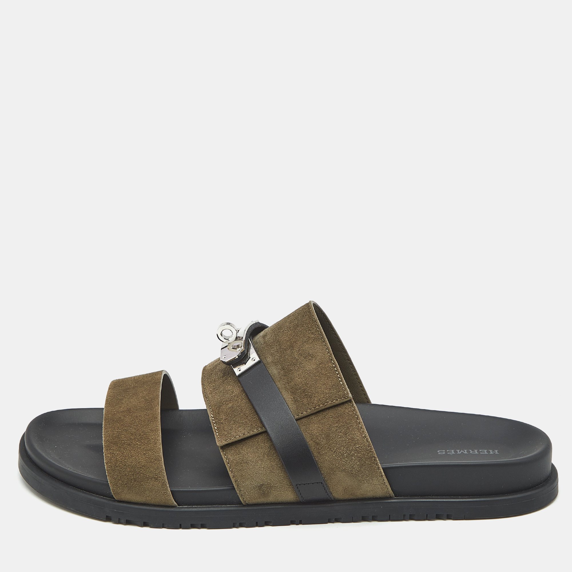 

Hermes Dark Green/Black Suede and Leather Jackson Sandals Size