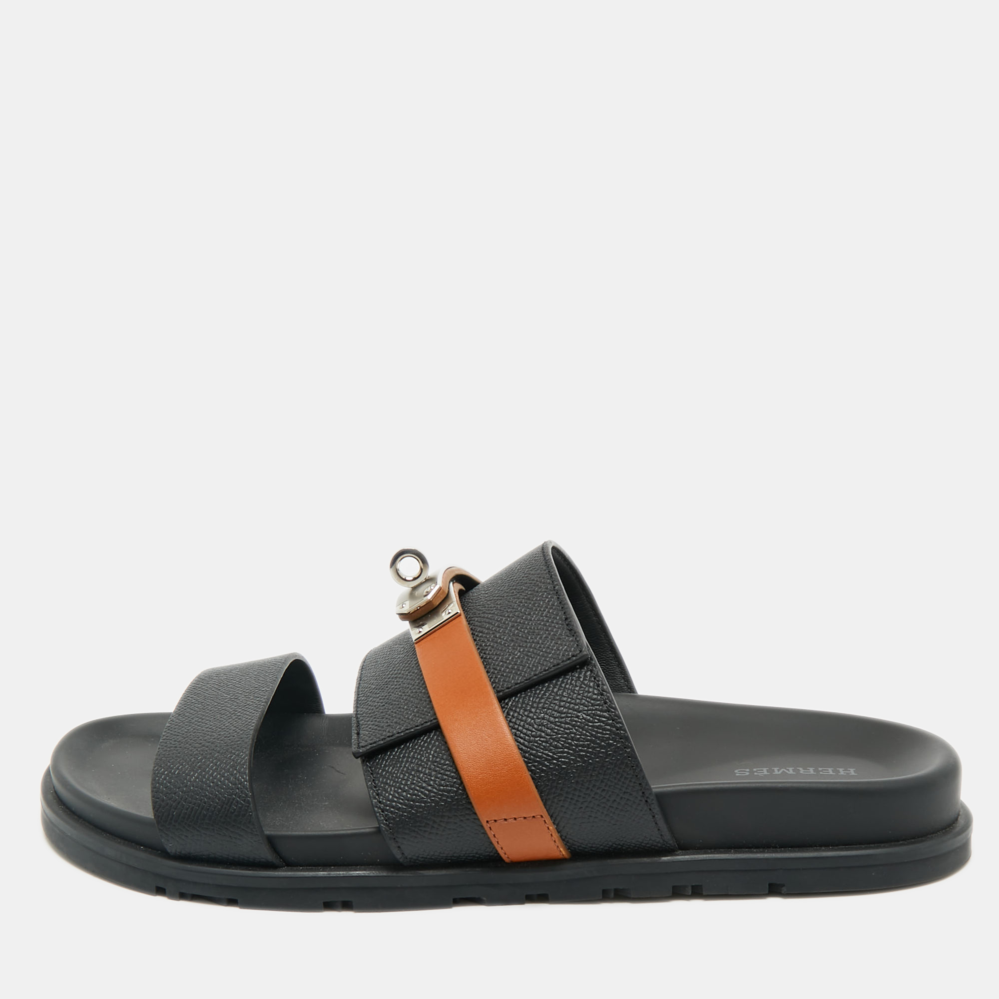 

Hermes Black/Brown Leather Jackson Slide Sandals Size