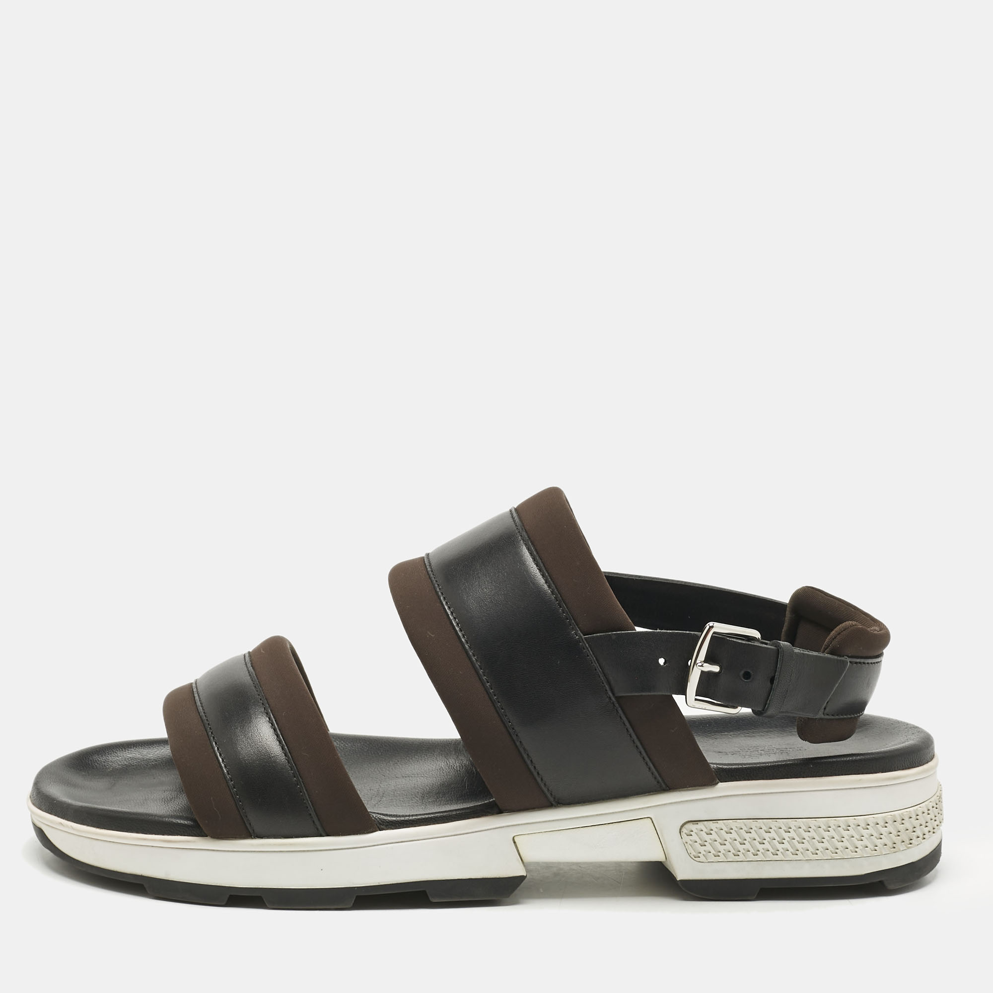 

Hermes Black/Brown Leather and Neoprene Flat Sandals Size
