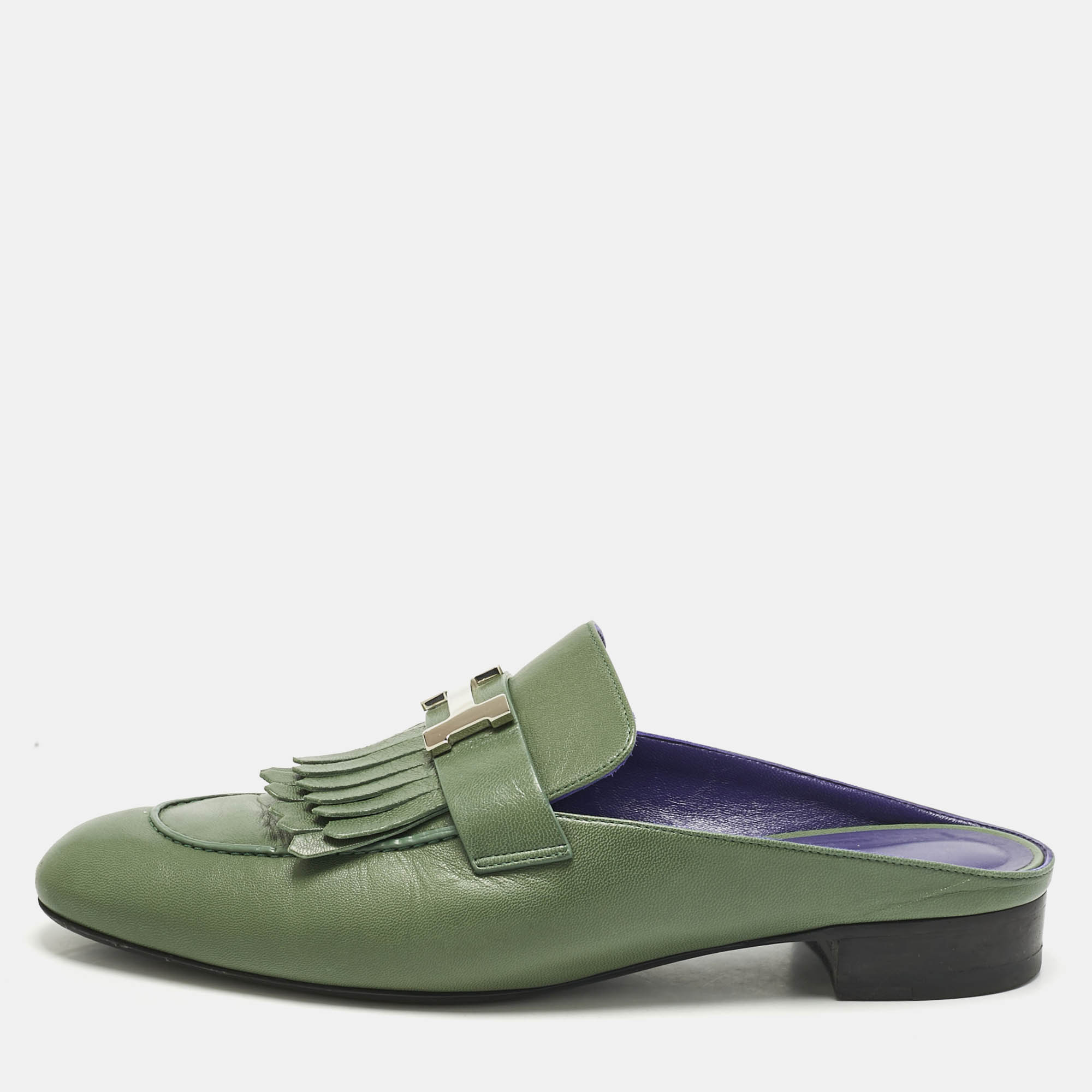

Hermes Green Leather Rivoli Mules Size