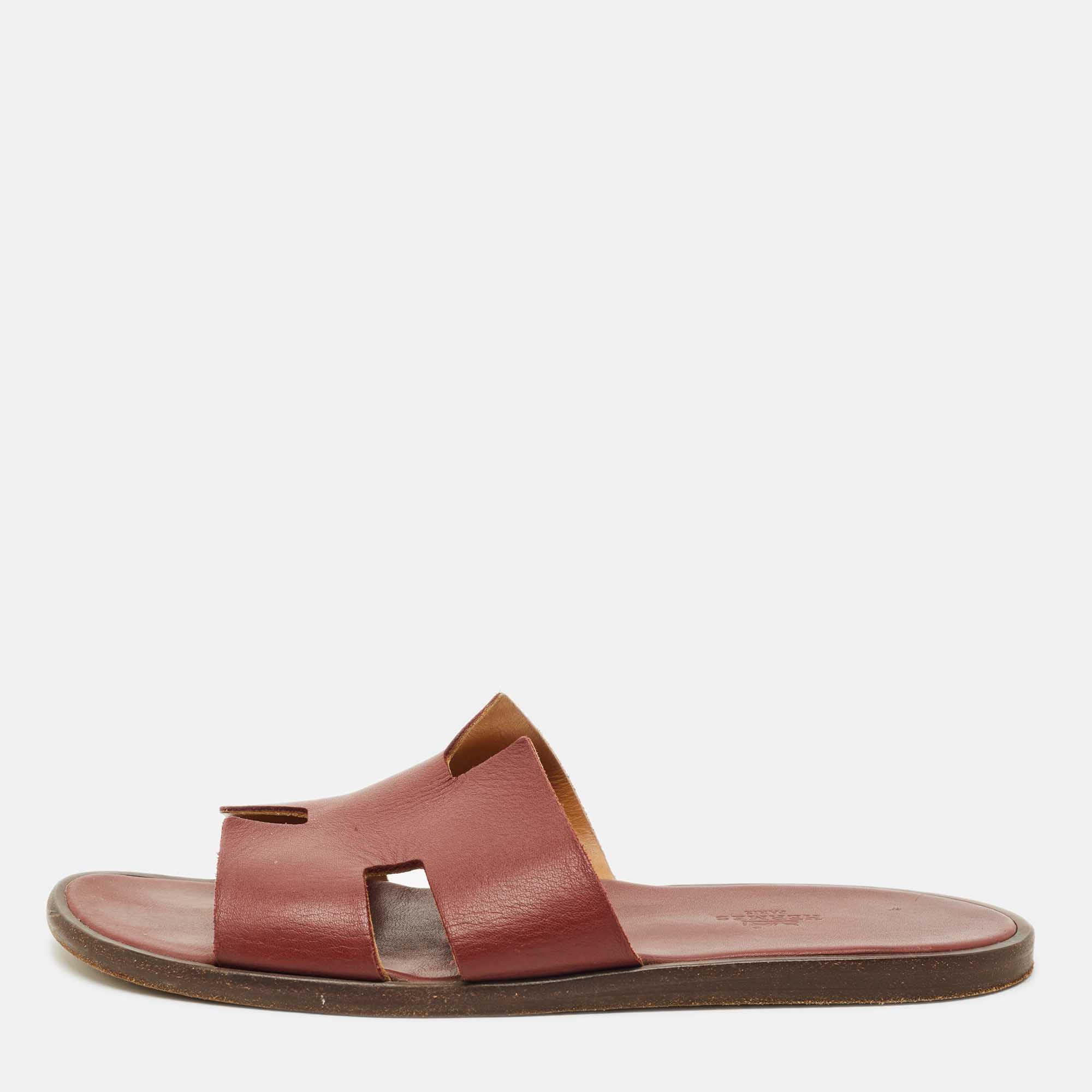 Hermes Burgundy Leather Izmir Flat Sandals Size 41