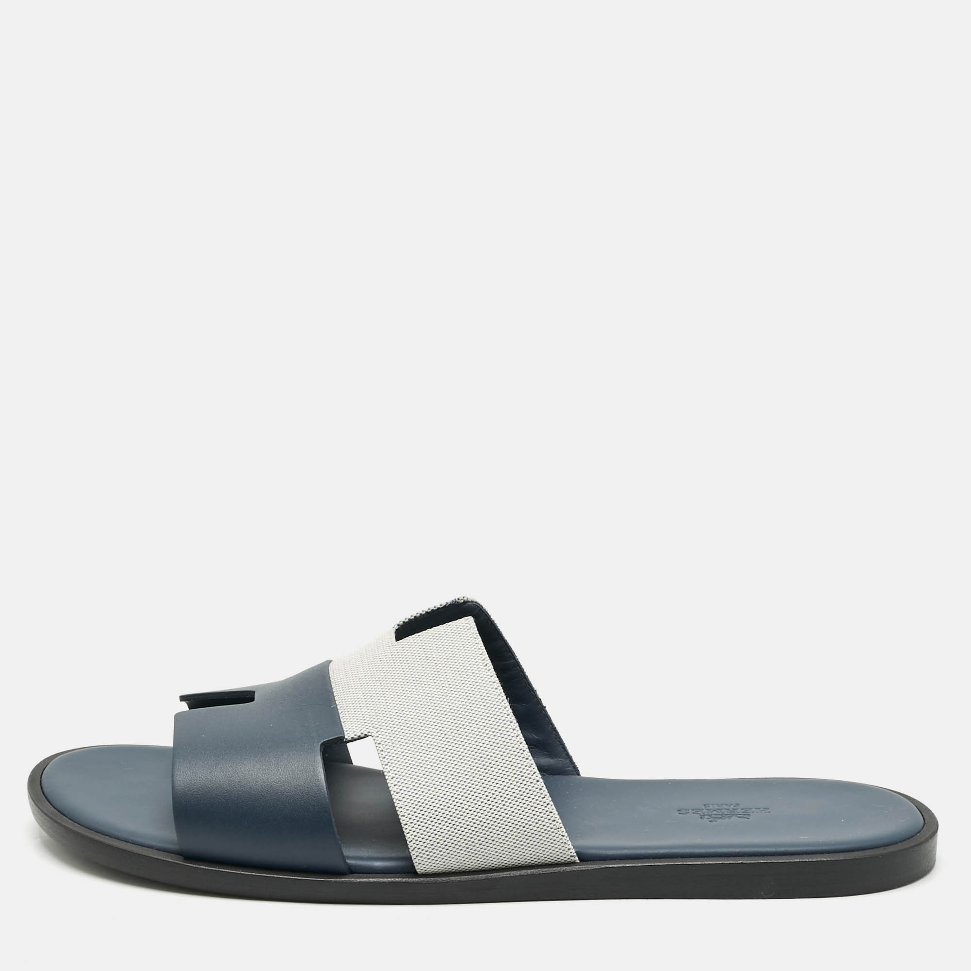 

Hermes Navy Blue/White Leather and Canvas Izmir Flat Slides Size