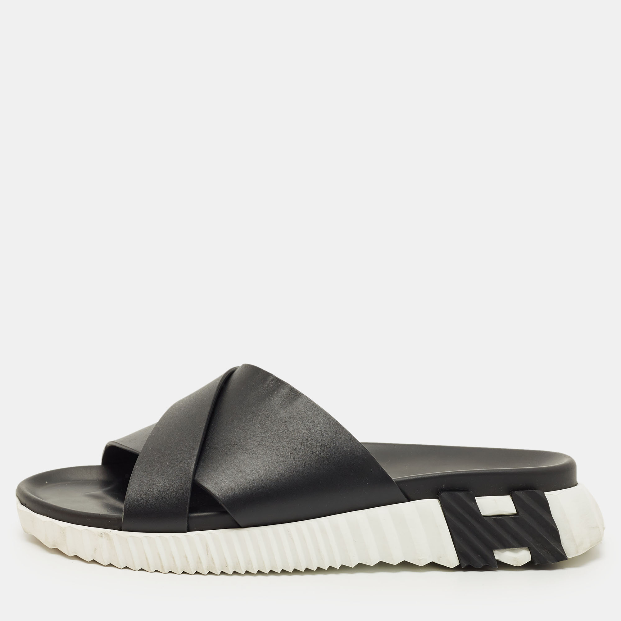 

Hermes Black Leather Infra Flat Slides Size