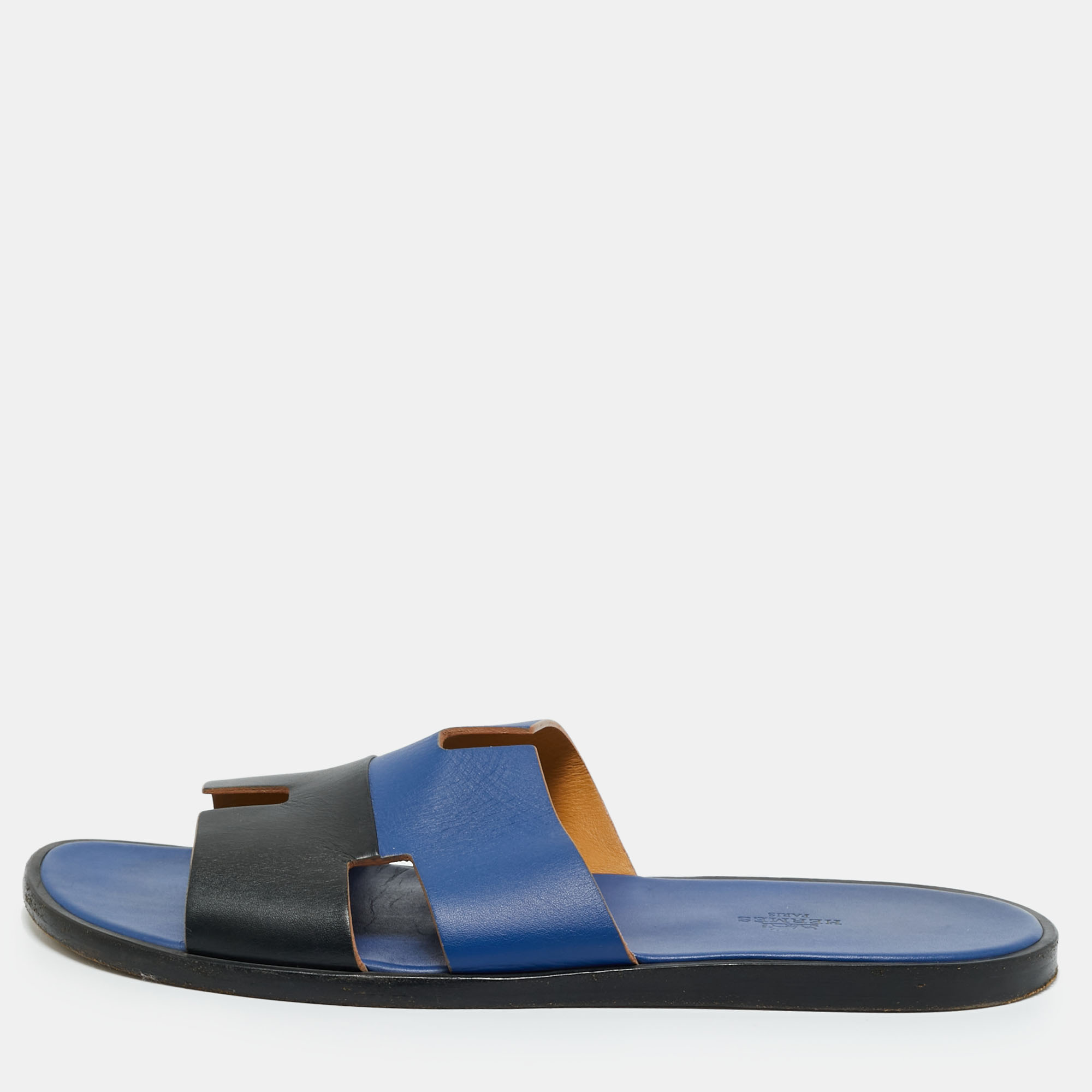 Herm&egrave;s Black/Blue Leather Izmir Flat Sandals Size 45