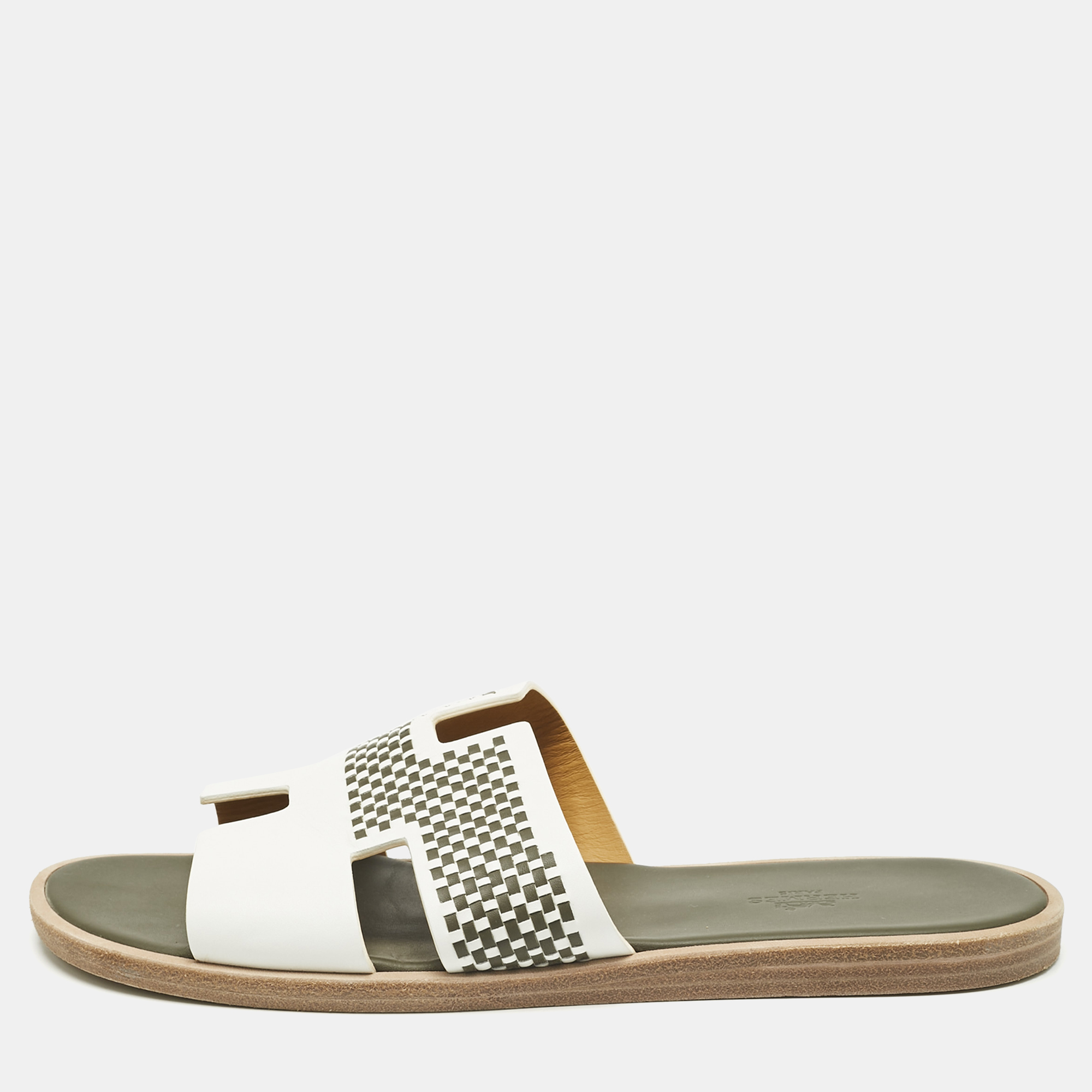 

Hermes White/Brown Leather Izmir Flat Slides Size