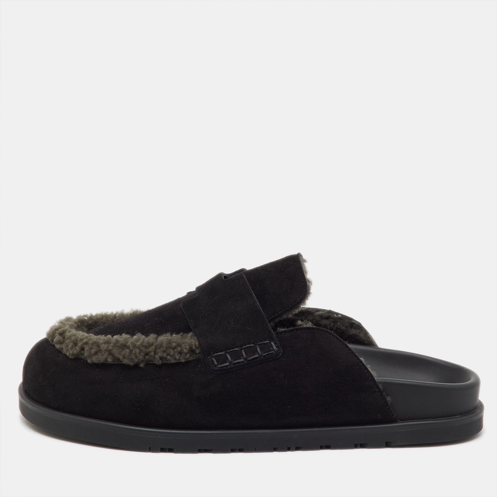 

Hermès Black/Grey Suede and Shearling Fur Go Mules Size