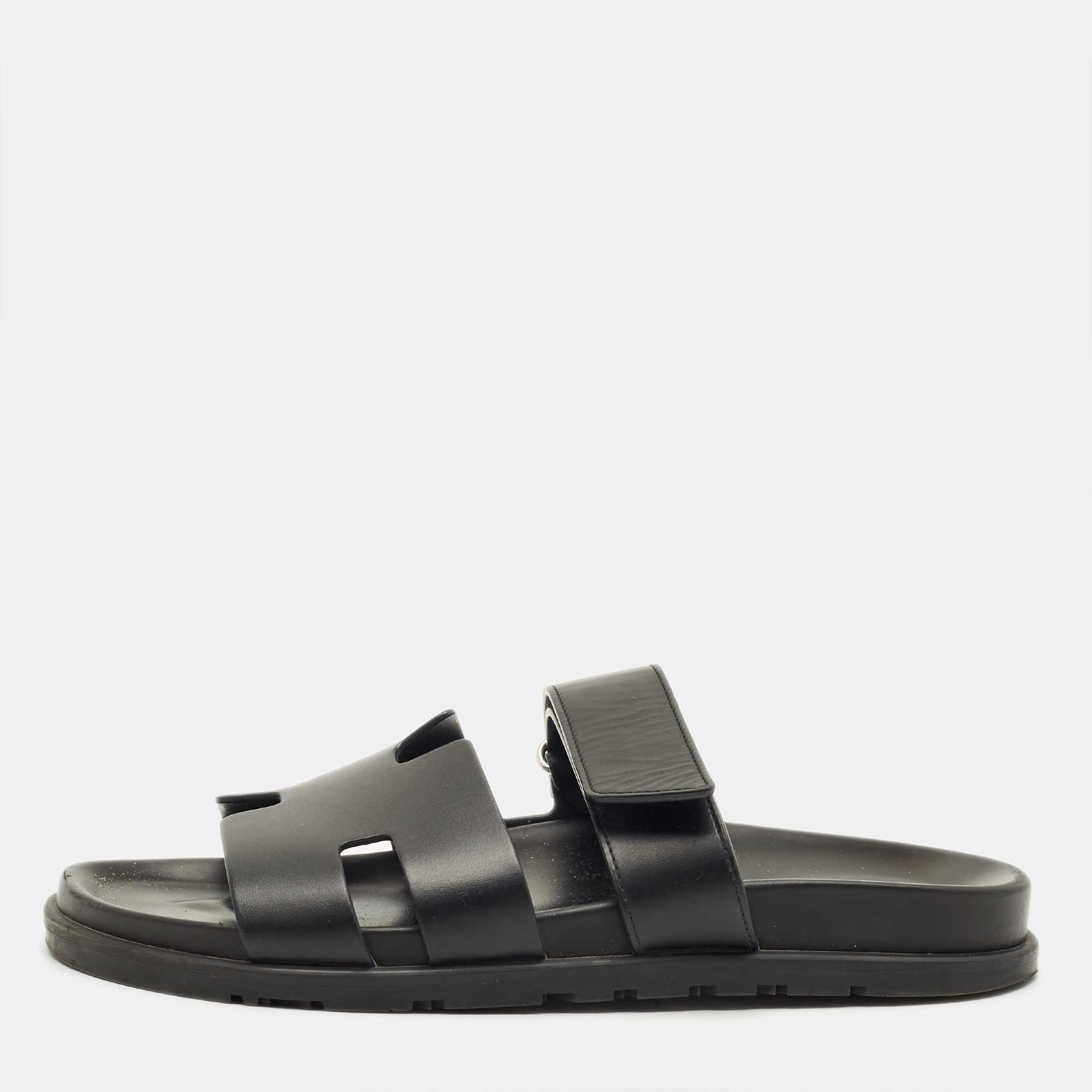 

Hermes Black Leather Chypre Sandals Size 41.5