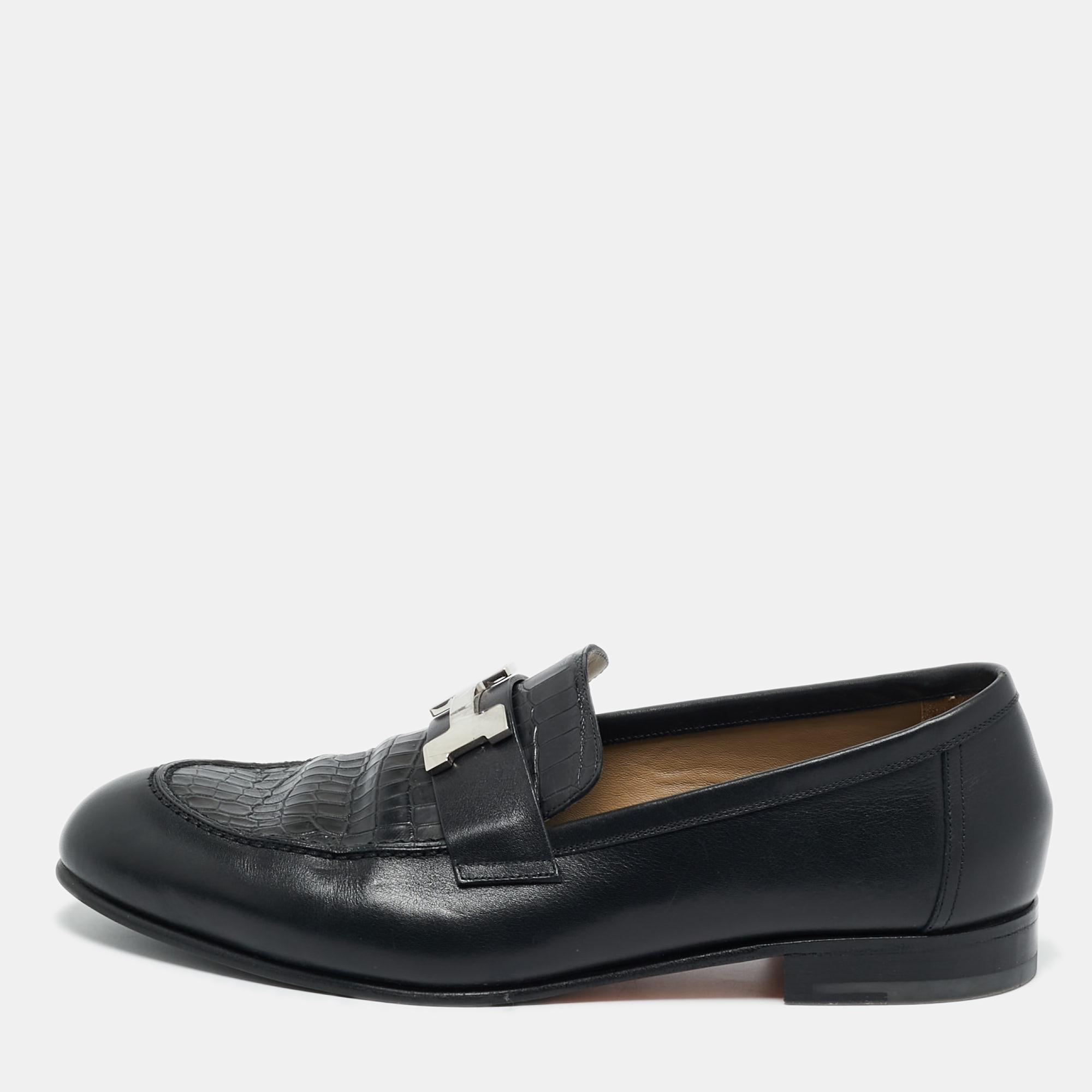 

Hermes Black Crocodile Leather and Leather Loafers Size