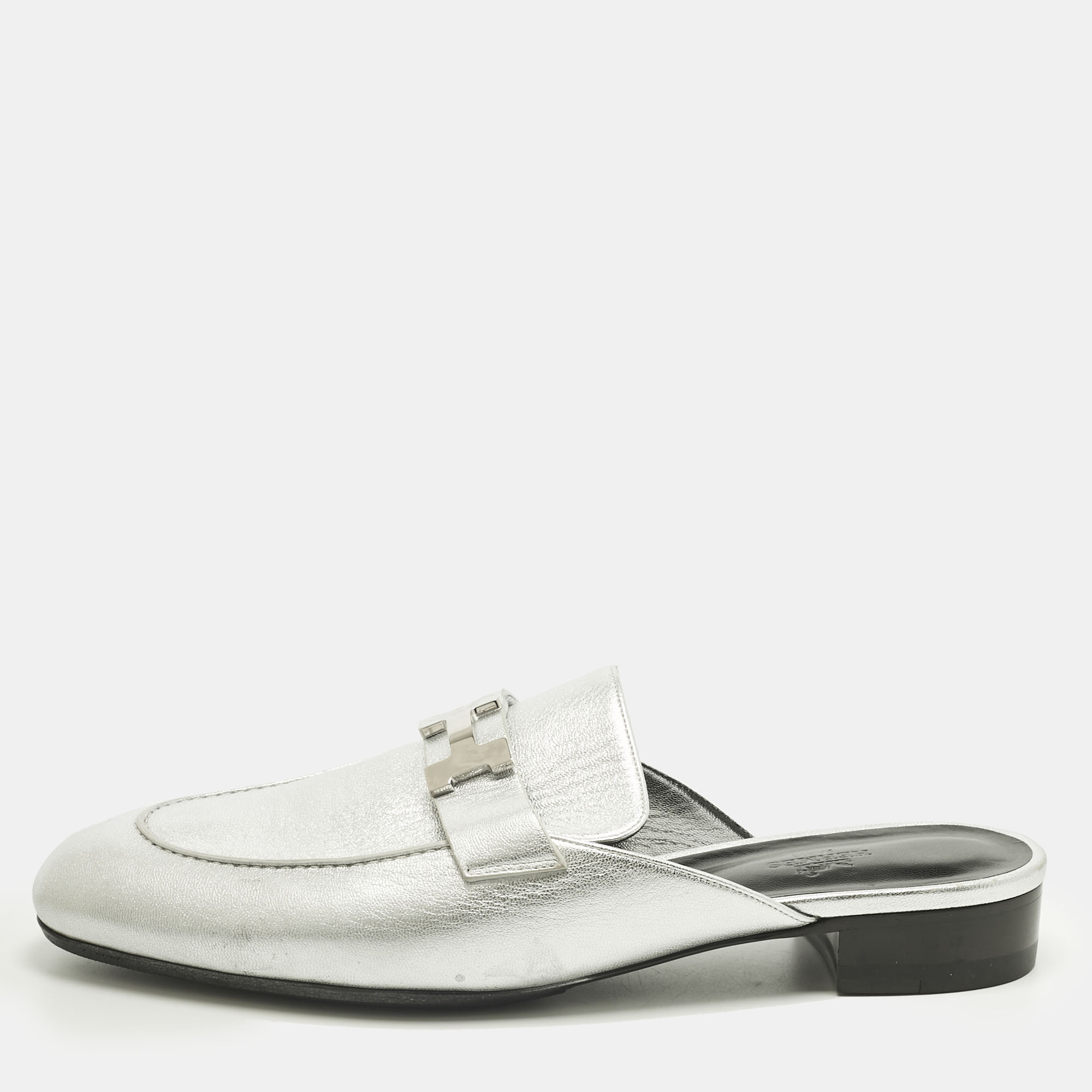 

Hermès Silver Leather Trocadero Mules Size