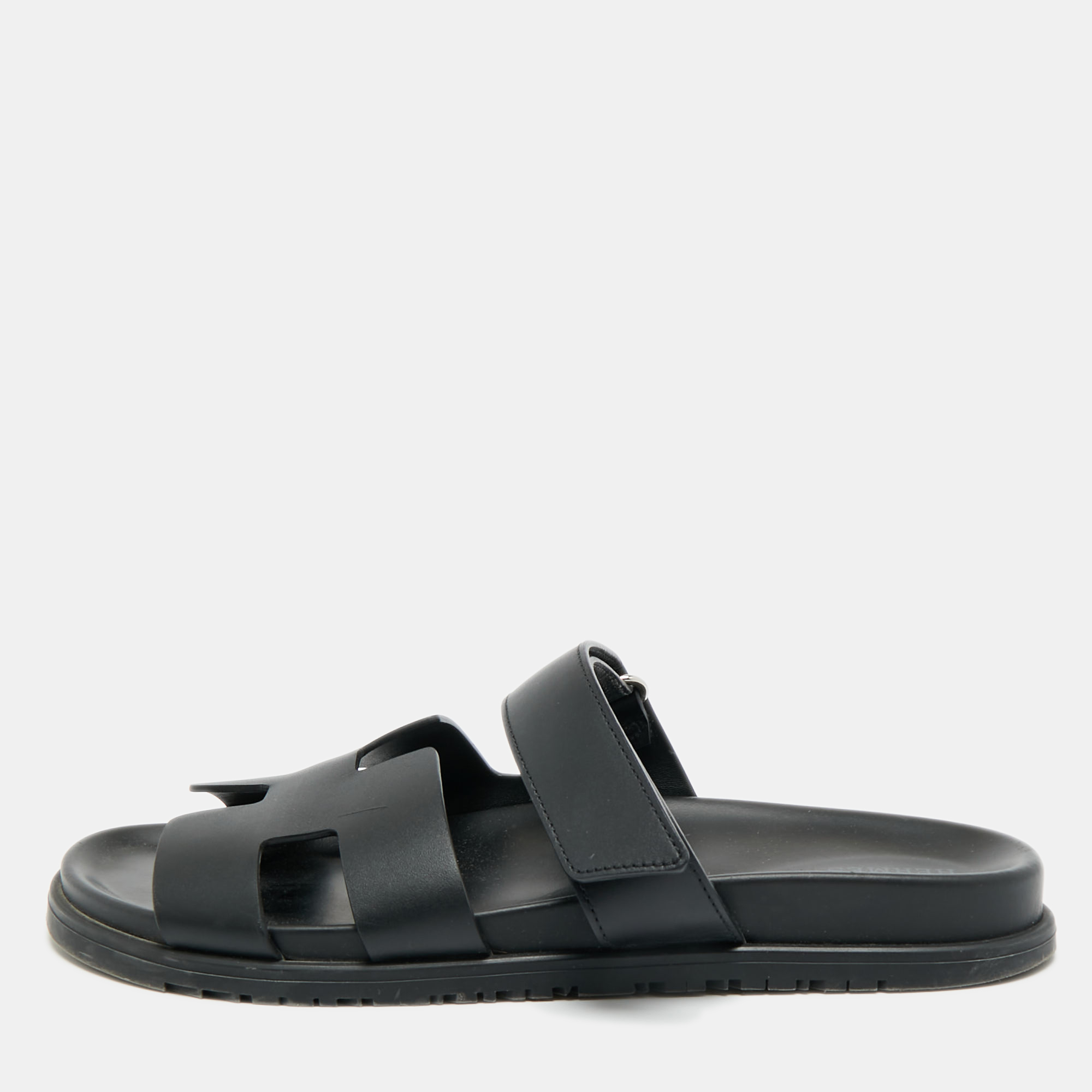 

Hermes Chypre Size  Black Leather Slide Sandals