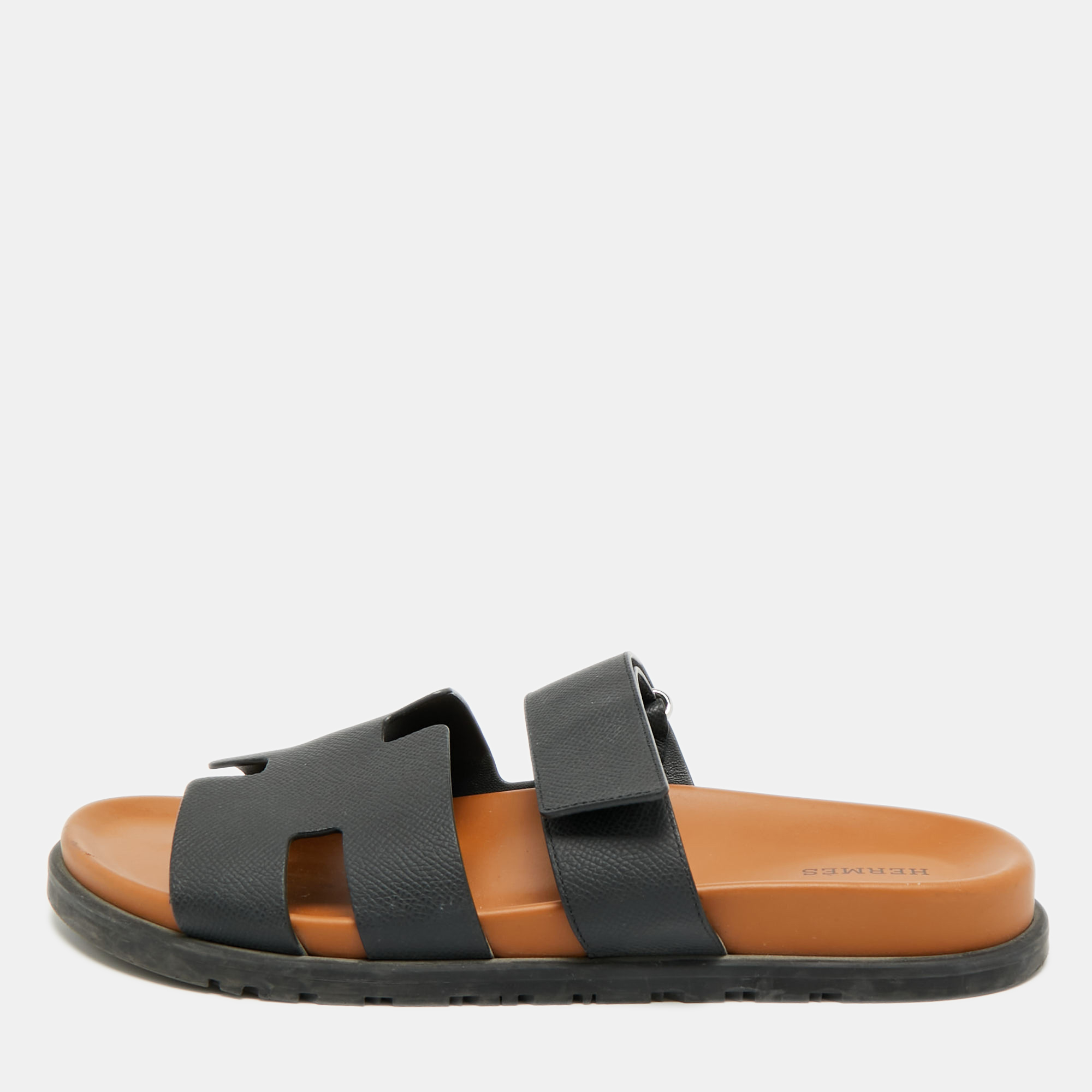 

Hermes Chypre Size  Black Leather Slide Sandals