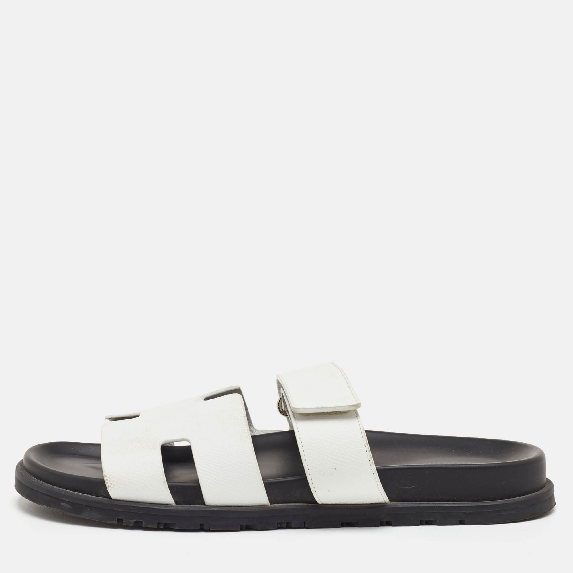 

Hermes Chypre Size  White Leather Flat Slide Sandals